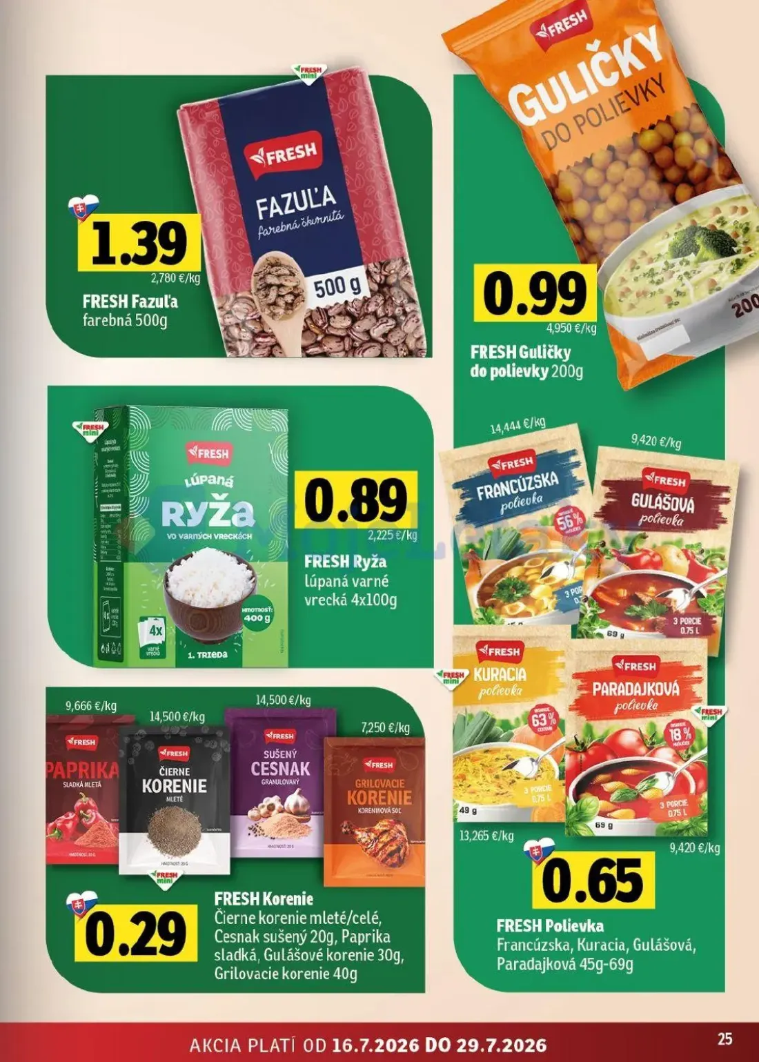 Fresh východ leták, strana 25 z 54 — FRESH Fazuľa farebná, FRESH Guličky do polievky, FRESH Ryža lúpaná varné vrecká