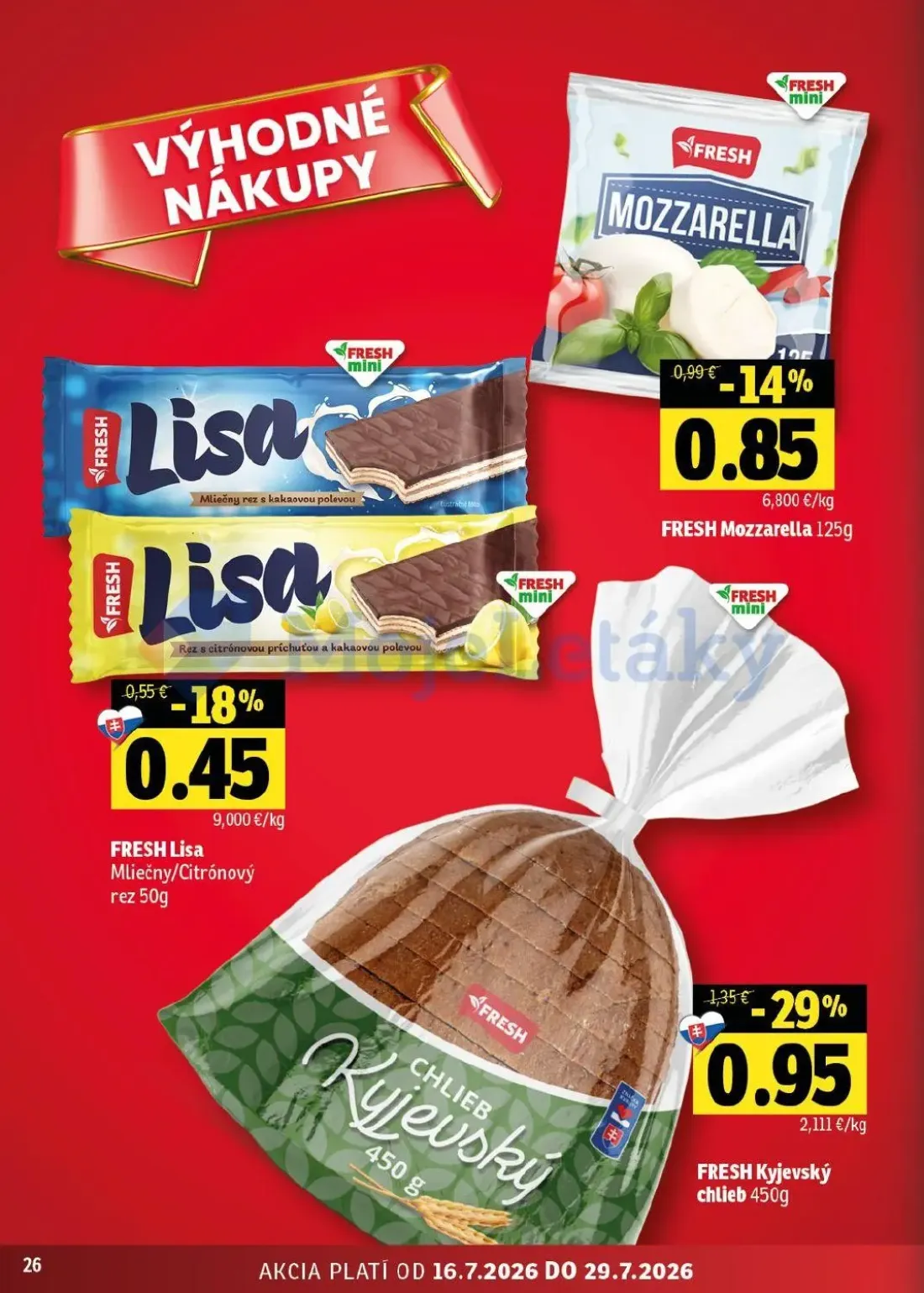 Fresh východ leták, strana 26 z 54 — FRESH Kyjevský chlieb, FRESH Mozzarella, FRESH Lisa Mliečny/Citrónový rez