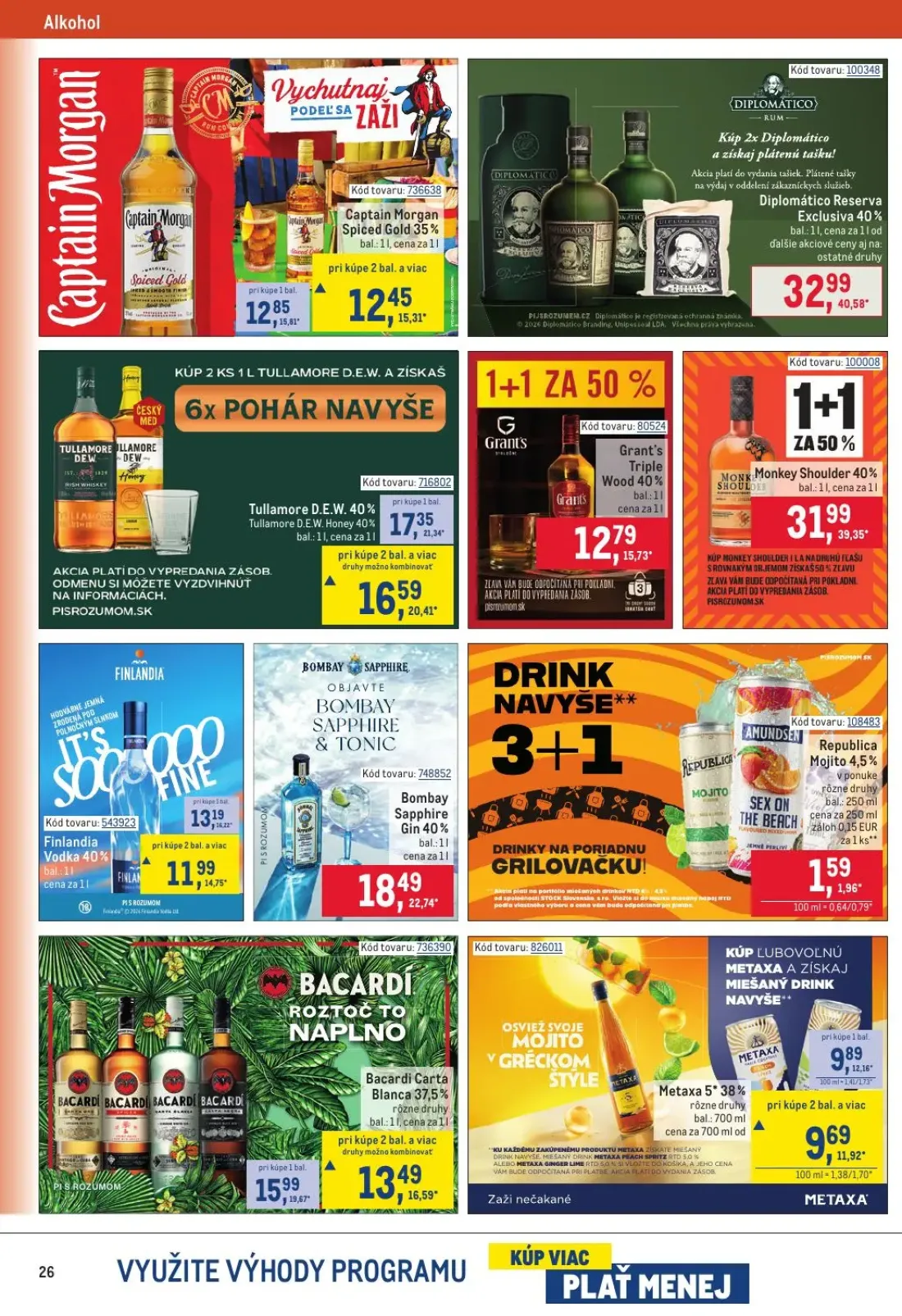 Metro leták, strana 26 z 32 — Diplomático Reserva Exclusiva 40%, Monkey Shoulder 40%, Bacardi Carta Blanca 37,5%