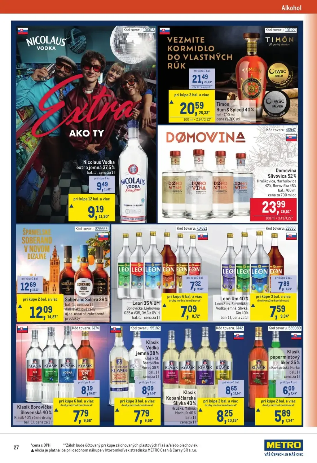 Metro leták, strana 27 z 32 — Timon Rum & Spiced 40%, Soberano Solera 36%, Klasik Borovička Slovenská 40% Klasik 40% rôzne d…