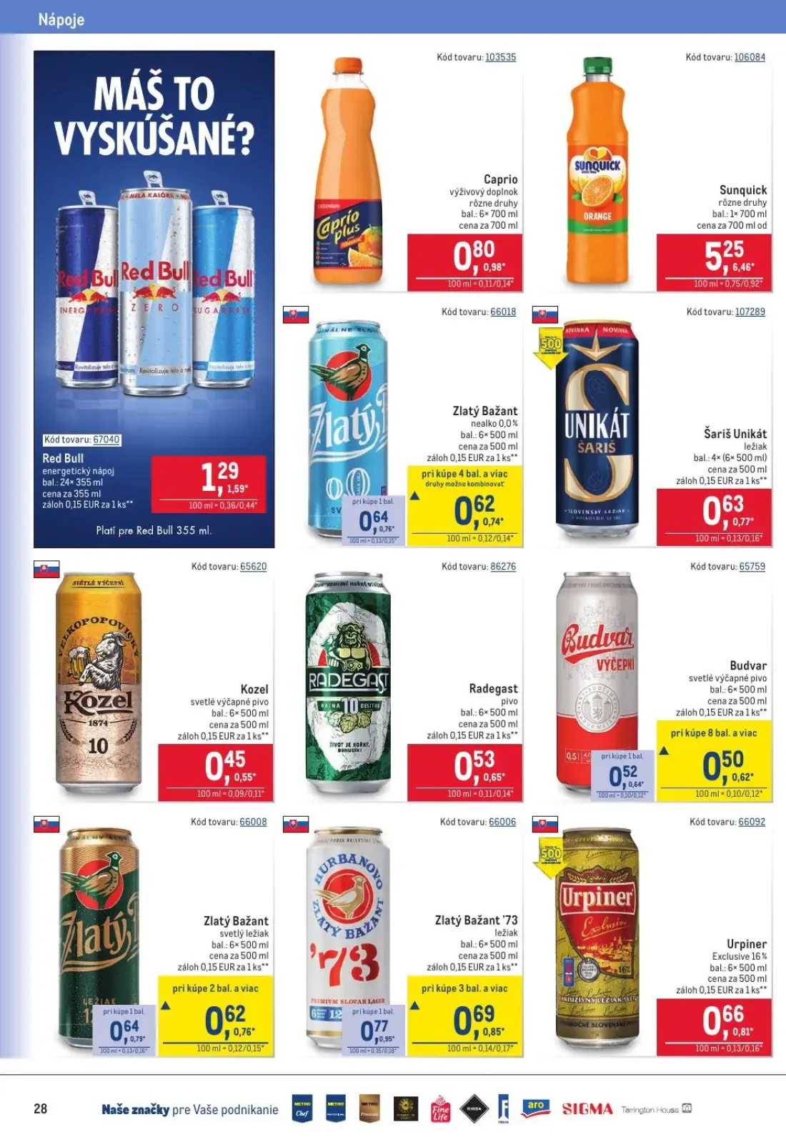 Metro leták, strana 28 z 40 — Sunquick, Red Bull energetický nápoj, Zlatý Bažant '73 ležiak