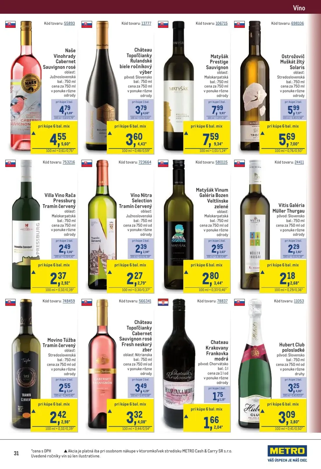 Metro leták, strana 31 z 40 — Matyšák Prestige Sauvignon, Ostrožovič Muškát žltý Solaris, Naše Vinohrady Cabernet Sauvignon …