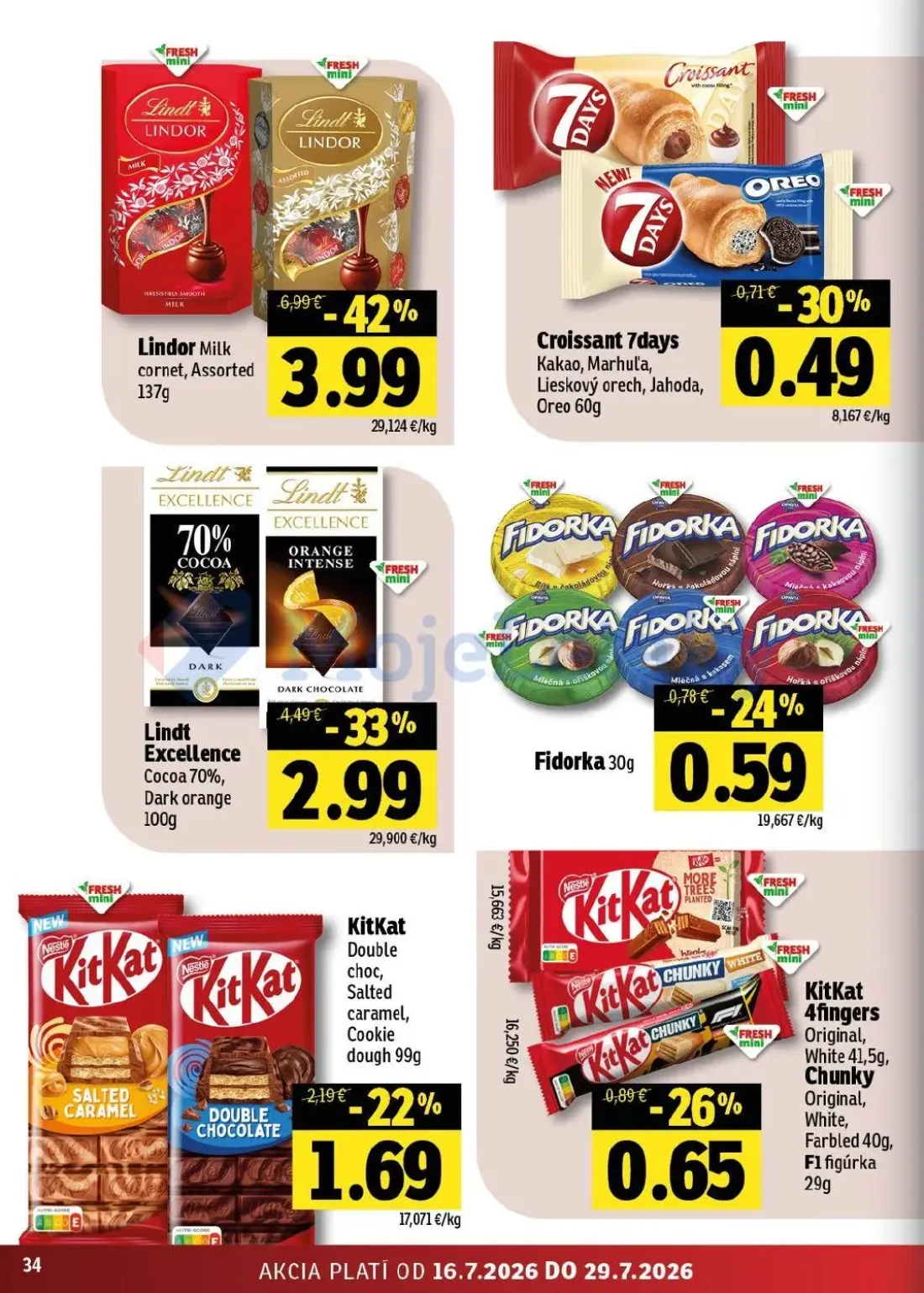Fresh východ leták, strana 34 z 54 — Lindor Milk cornet, Assorted, Lindt Excellence Cocoa 70%, Dark orange, KitKat Double ch…