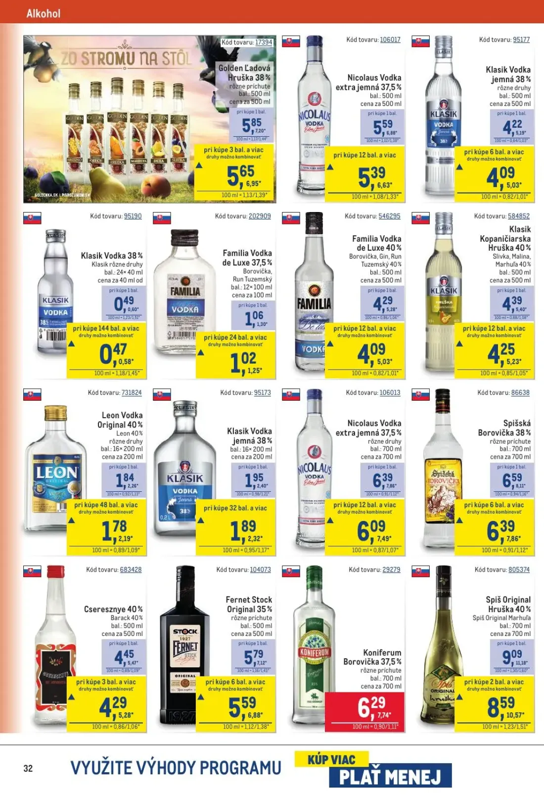 Metro leták, strana 32 z 40 — Spiš Original Hruška 40%, Nicolaus Vodka extra jemná 37,5%, Spišská Borovička 38%