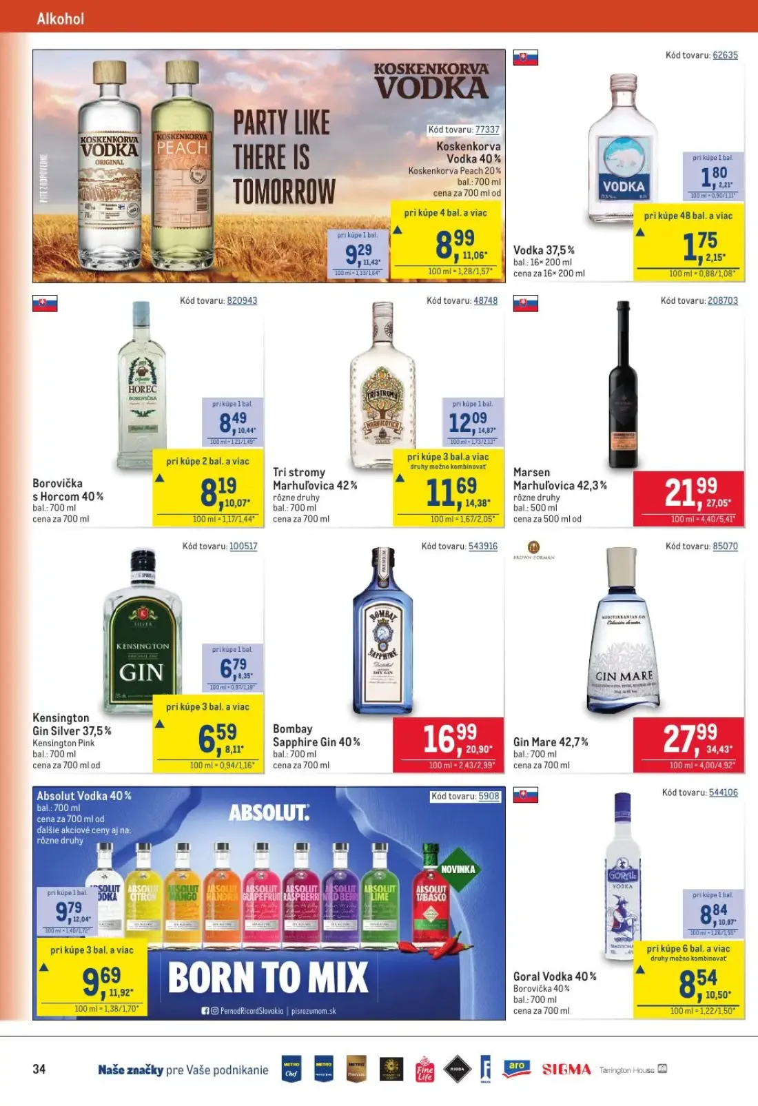 Metro leták, strana 34 z 40 — Gin Mare 42,7%, Marsen Marhuľovica 42,3%, Bombay Sapphire Gin 40%