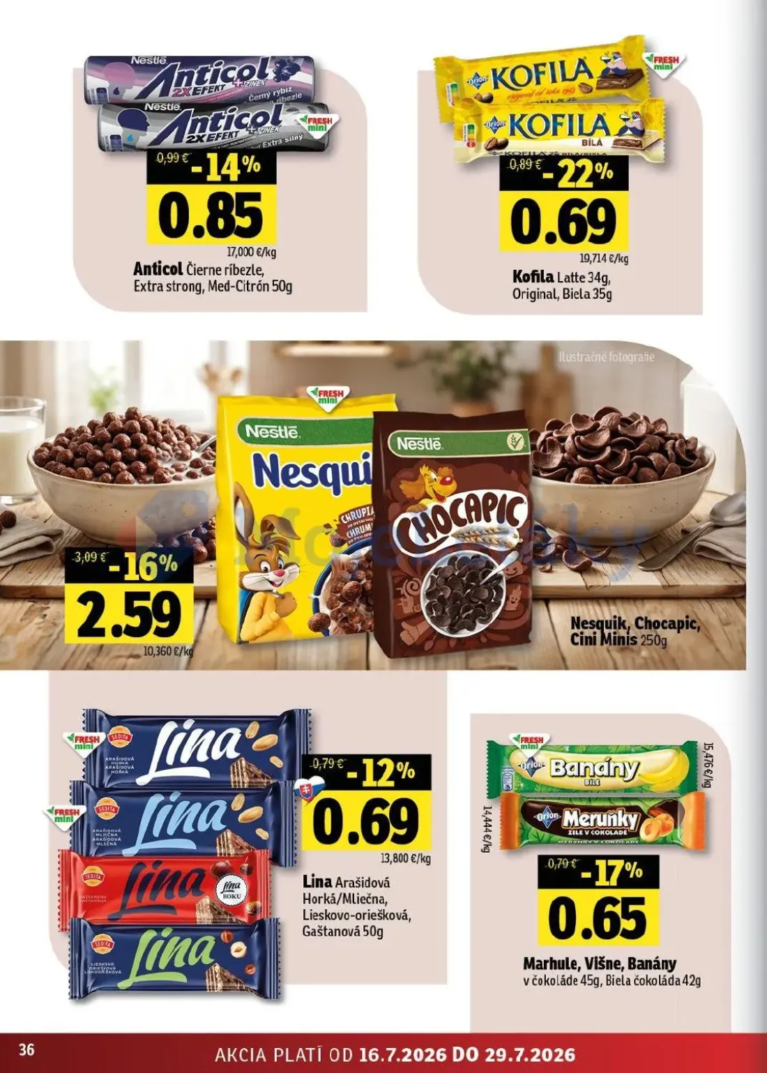 Fresh východ leták, strana 36 z 54 — Nesquik, Chocapic, Cini Minis, Kofila Latte, Original, Biela, Anticol Čierne ríbezle, E…