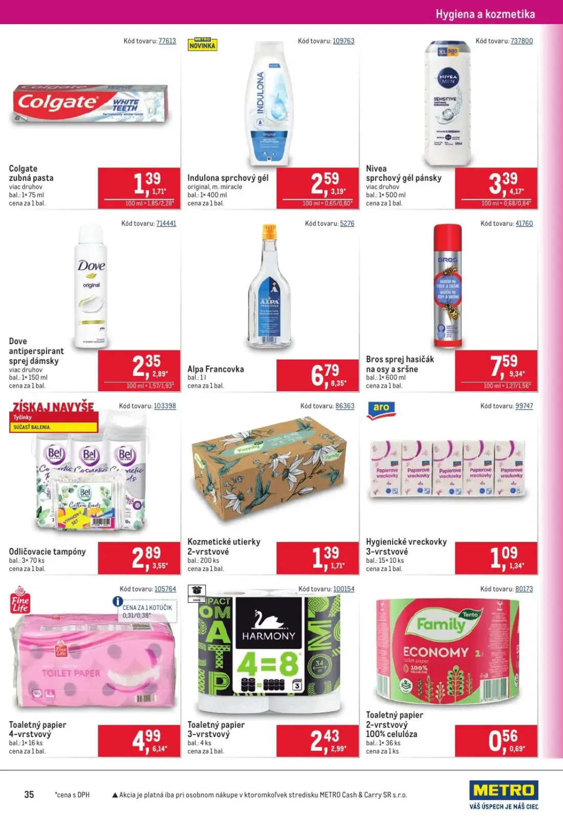 Metro leták, strana 35 z 40 — Bros sprej hasičák na osy a sršne, Alpa Francovka, Toaletný papier 4-vrstvový