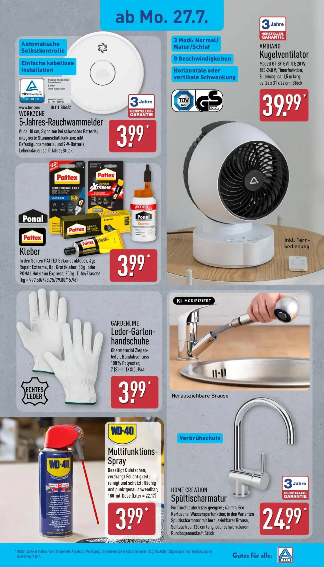 Aldi Nord Prospekt, Seite 19 von 47 — 5-Jahres-Rauchwarnmelder, AMBIANO Kugelventilator, Kleber