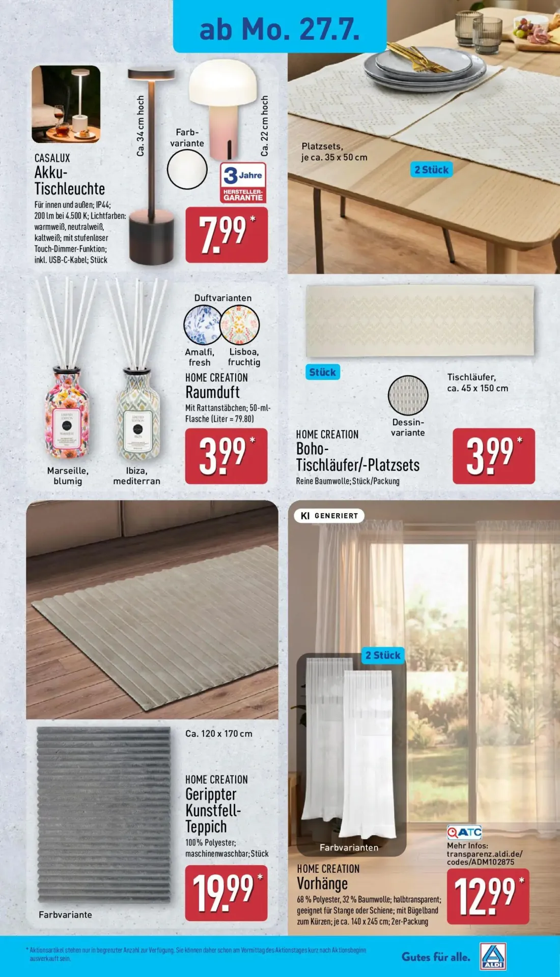 Aldi Nord Prospekt, Seite 21 von 47 — CASALUX Akku-Tischleuchte, HOME CREATION Raumduft, HOME CREATION Boho-Tischläufer/-Pla…
