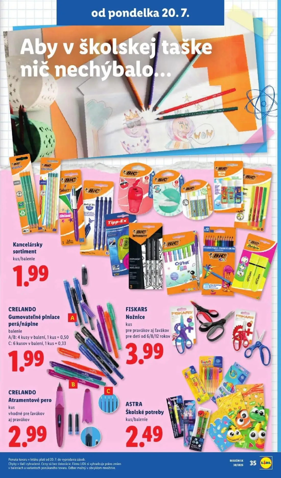 Lidl leták, strana 59 z 108 — Kancelársky sortiment, CRELANDO Gumovateľné plniace perá/náplne, FISKARS Nožnice