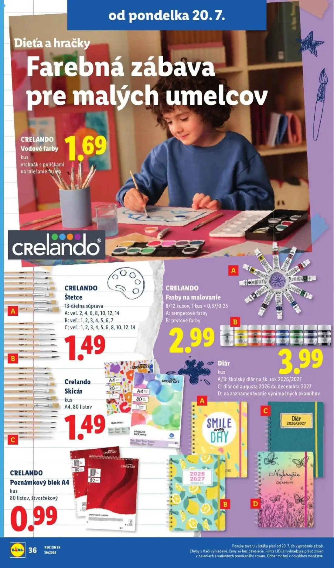 Lidl leták, strana 62 z 108 — CRELANDO Vodové farby, CRELANDO Štetce, CRELANDO Farby na maľovanie