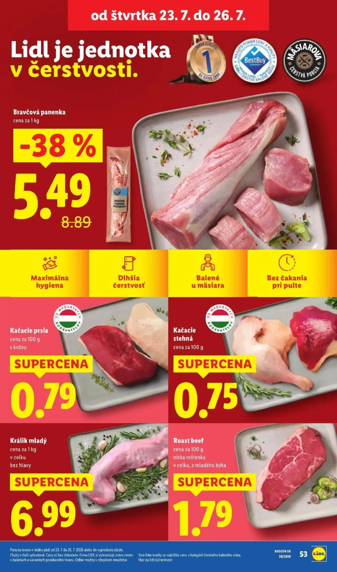 Lidl leták, strana 74 z 108 — Bravčová panenka, Kačacie prsia s kožou, Kačacie stehná