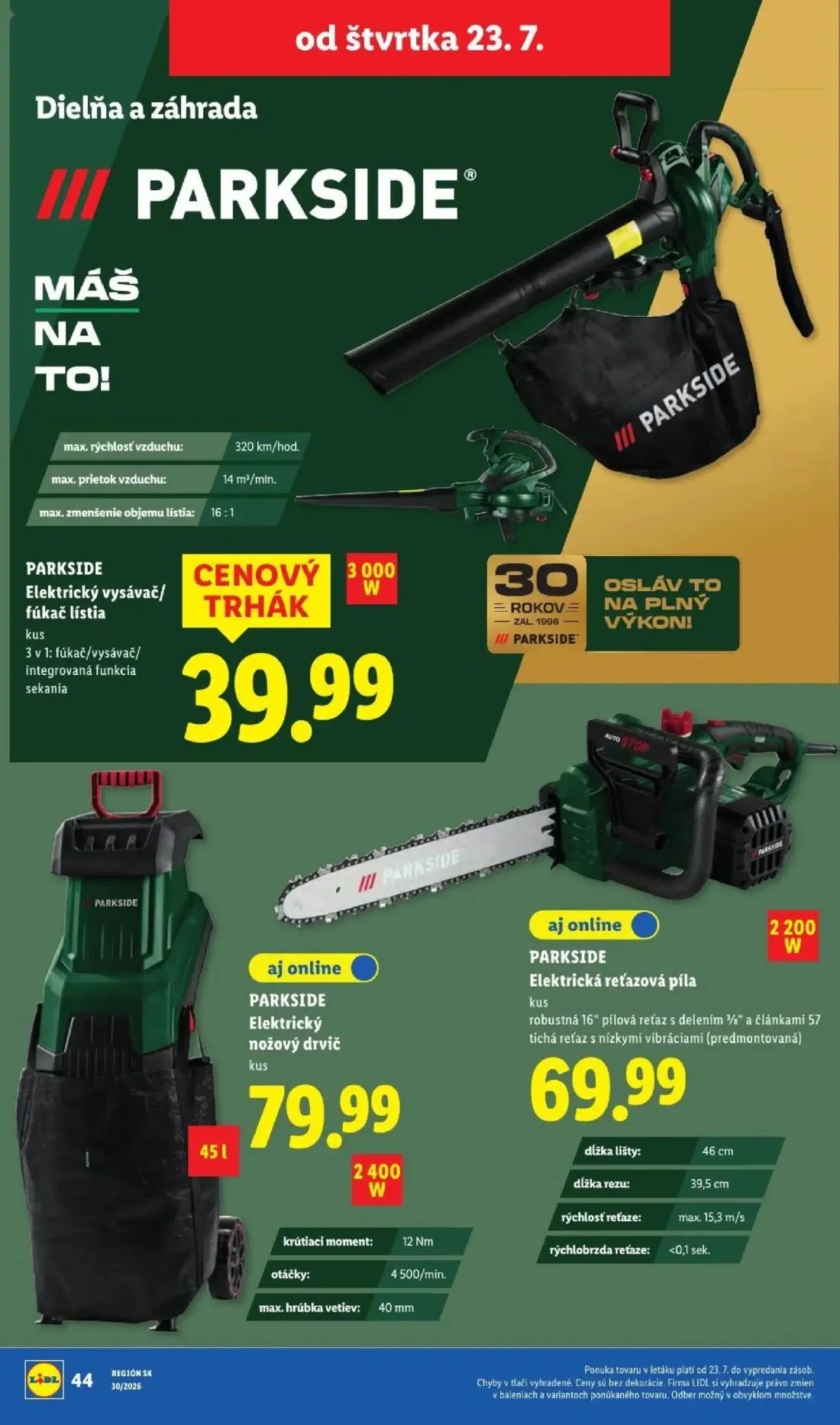 Lidl leták, strana 92 z 108 — Elektrický vysávač/fúkač lístia, Elektrický nožový drvič, Elektrická reťazová píla