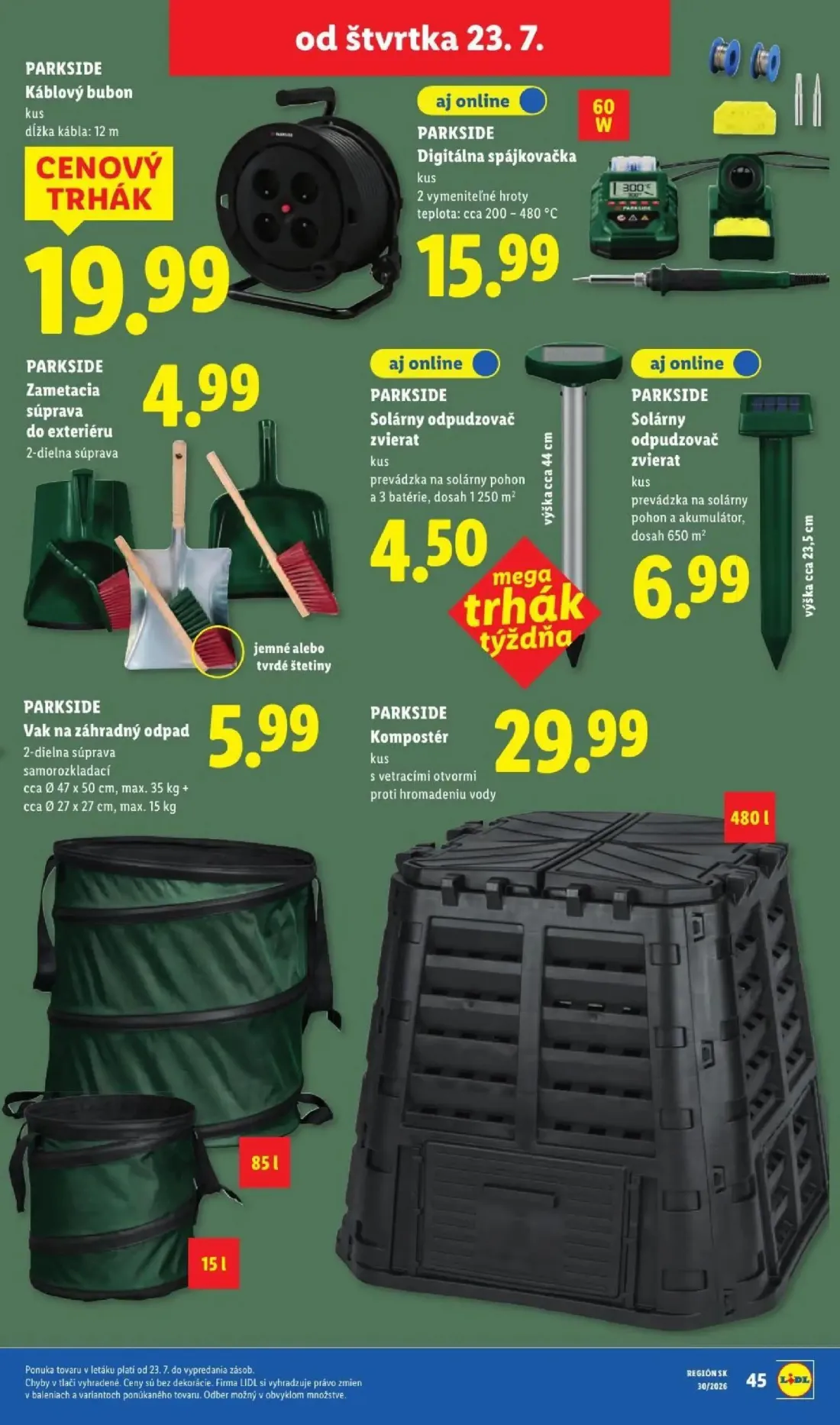 Lidl leták, strana 93 z 108 — Káblový bubon, Digitálna spájkovačka, Zametacia súprava do exteriéru