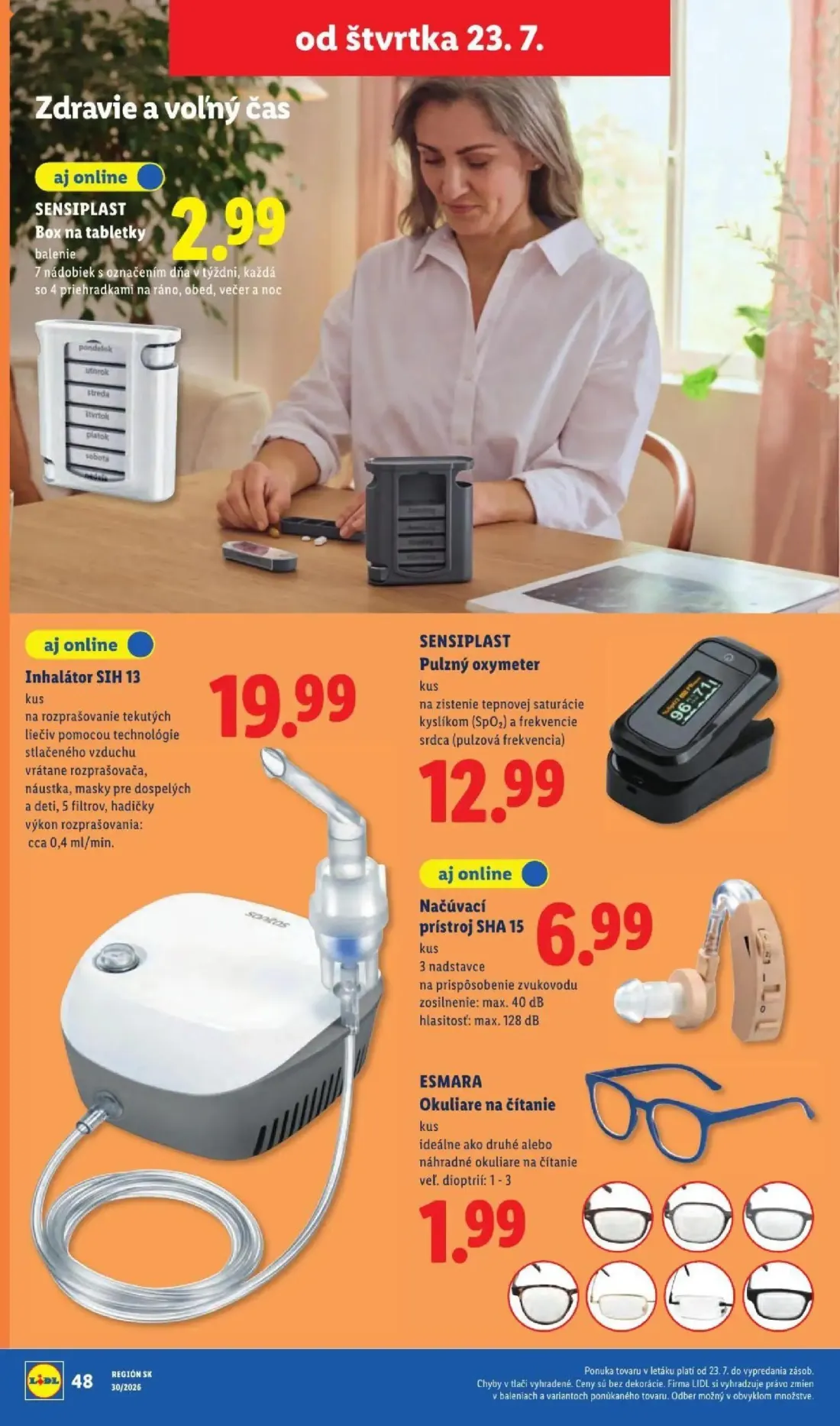 Lidl leták, strana 96 z 108 — Box na tabletky, Inhalátor SIH 13, Pulzný oxymeter