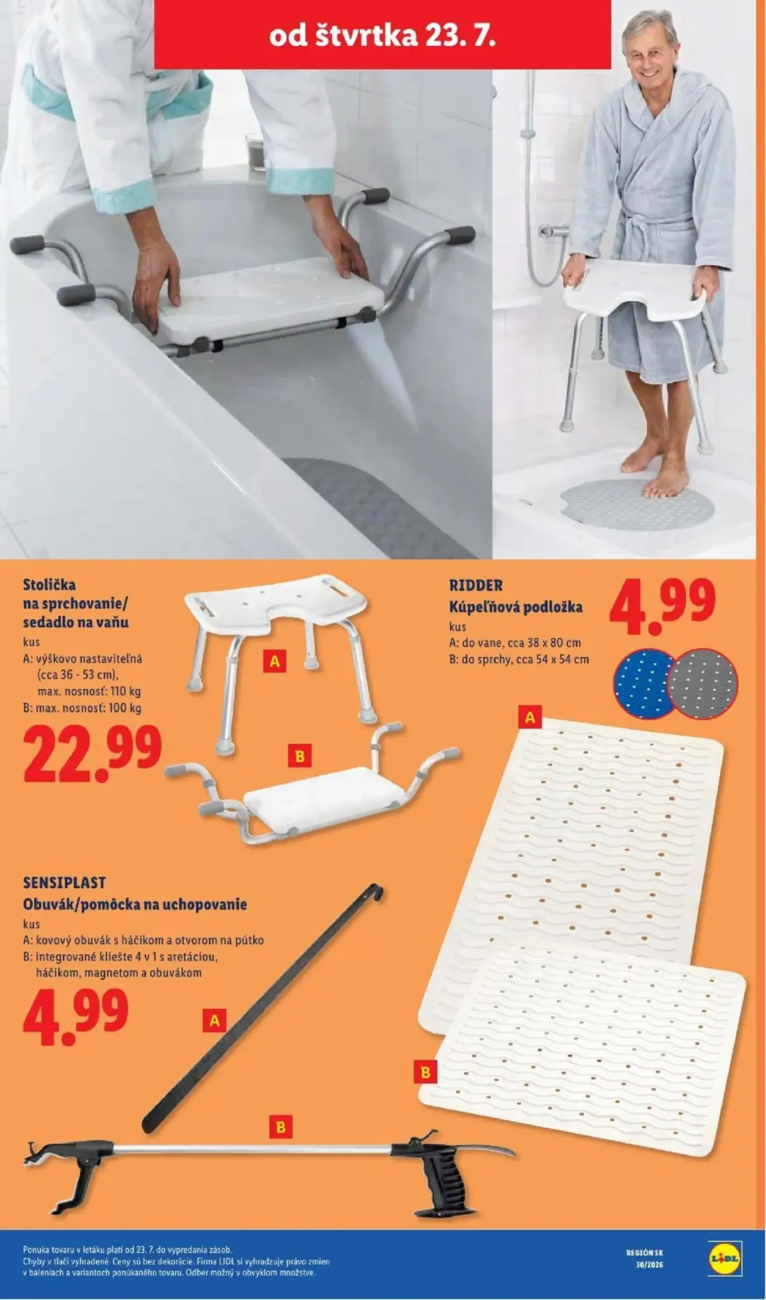 Lidl leták, strana 99 z 108 — Stolička na sprchovanie/sedadlo na vaňu, Kúpeľňová podložka, Obuvák/pomôcka na uchopovanie