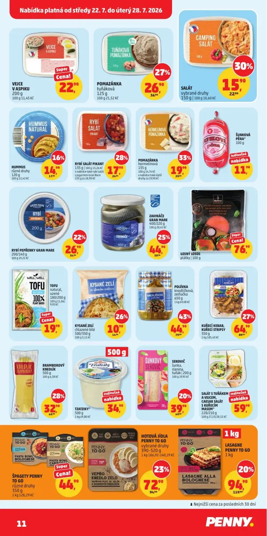 PENNY leták, strana 11 z 34 — POLÉVKA knedlíčková, zelňačka, KUŘECÍ KEBAB, KUŘECÍ STRIPSY, LASAGNE PENNY TO GO