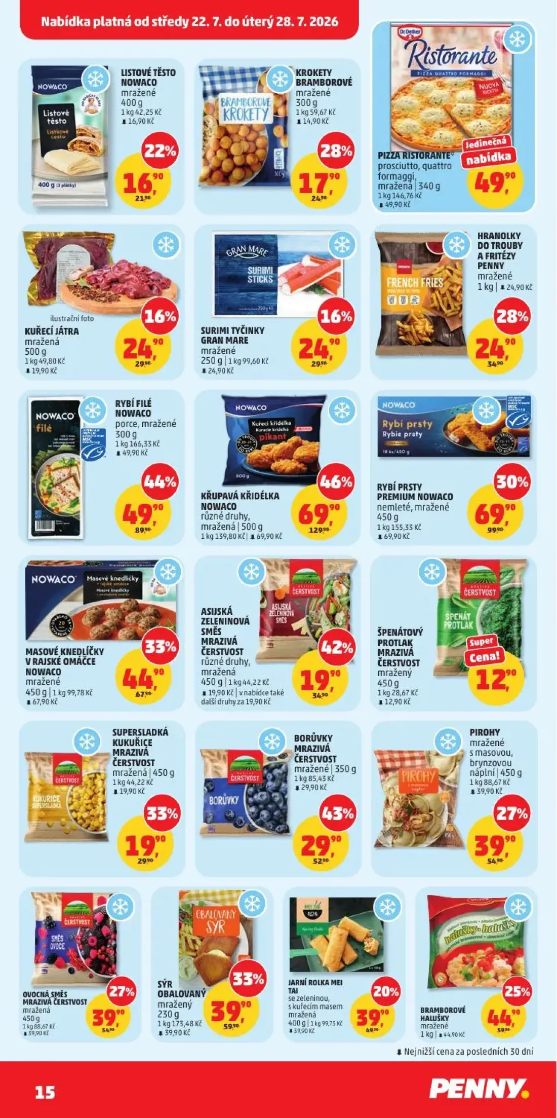 PENNY leták, strana 15 z 34 — KŘUPAVÁ KŘIDÉLKA NOWACO různé druhy, RYBÍ FILÉ NOWACO porce, RYBÍ PRSTY PREMIUM NOWACO nemleté
