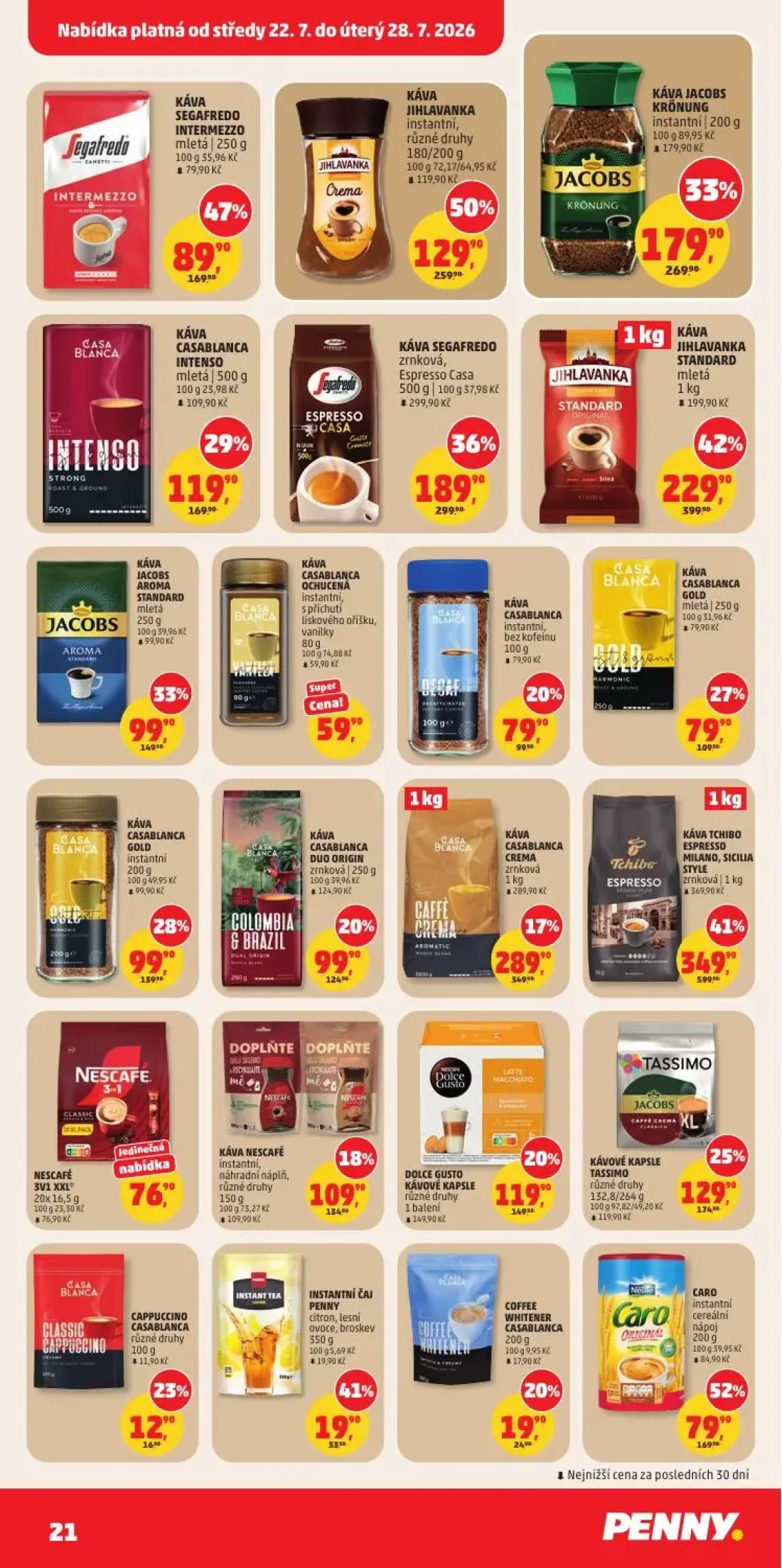 PENNY leták, strana 21 z 34 — KÁVA TCHIBO ESPRESSO MILANO, SICILIA STYLE zrnková, KÁVA JIHLAVANKA STANDARD mletá, KÁVA JIHLA…
