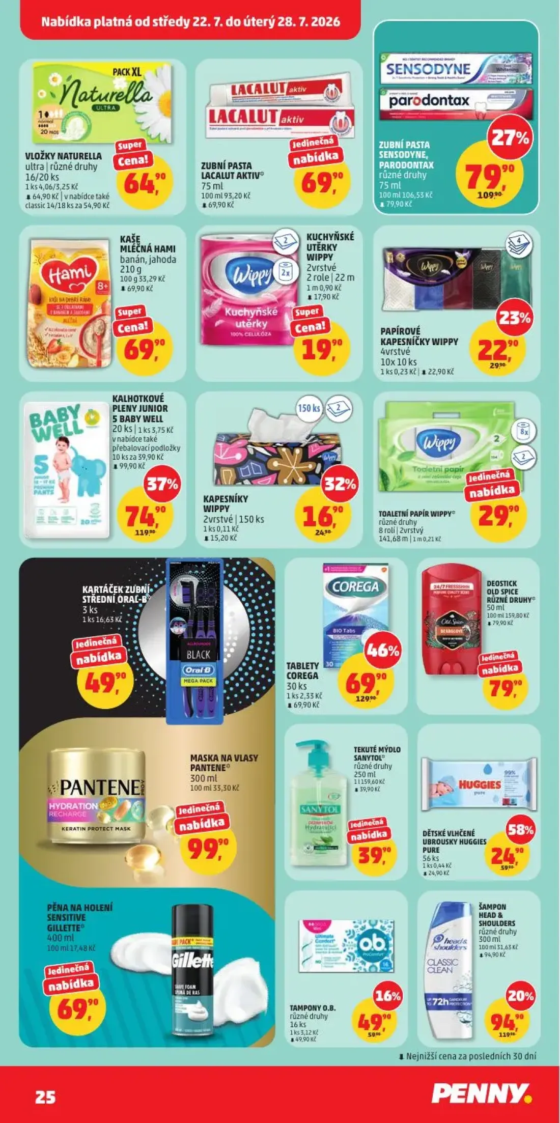 PENNY leták, strana 25 z 34 — TABLETY COREGA, DĚTSKÉ VLHČENÉ UBROUSKY HUGGIES PURE, ZUBNÍ PASTA SENSODYNE, PARODONTAX
