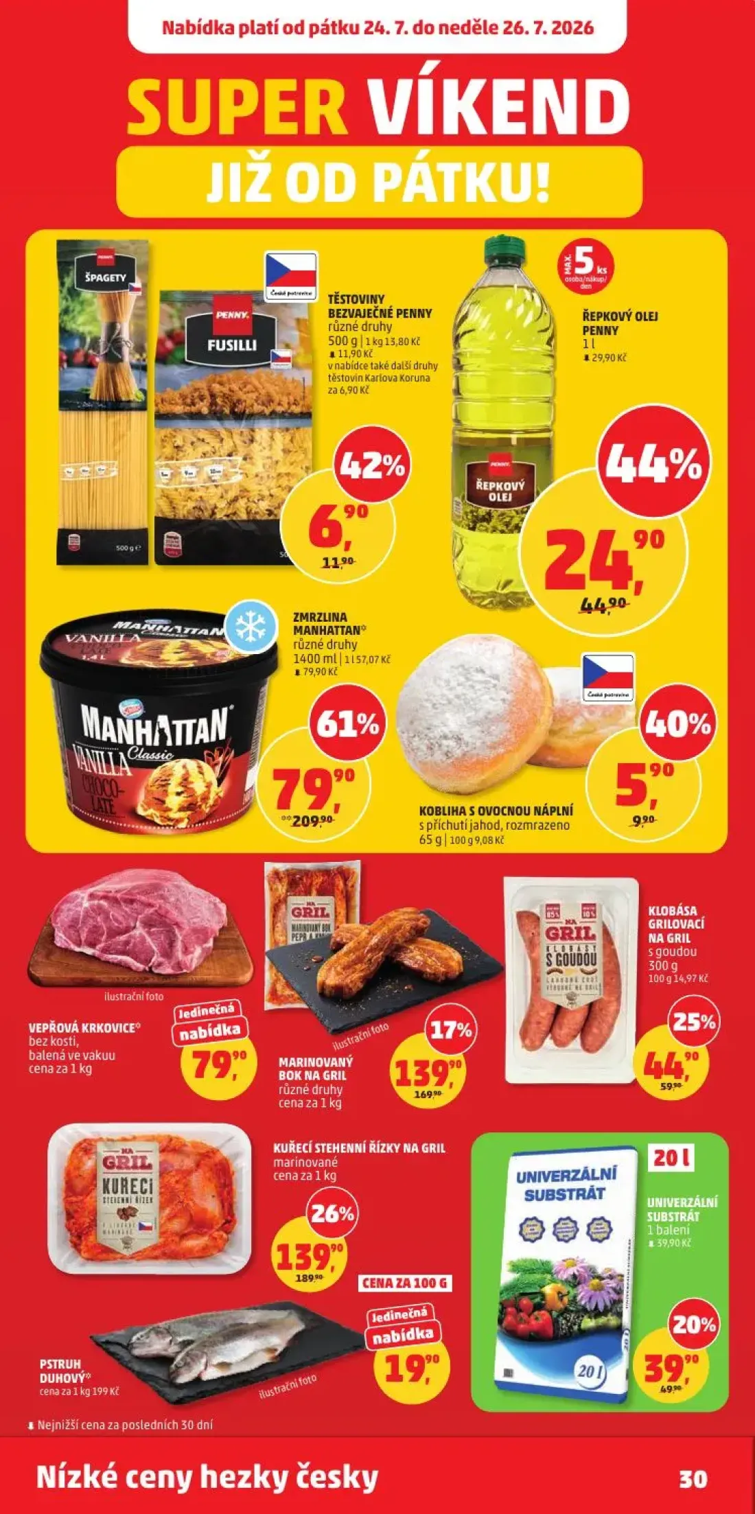 PENNY leták, strana 30 z 34 — ZMRZLINA MANHATTAN, KUŘECÍ STEHENNÍ ŘÍZKY NA GRIL, MARINOVANÝ BOK NA GRIL