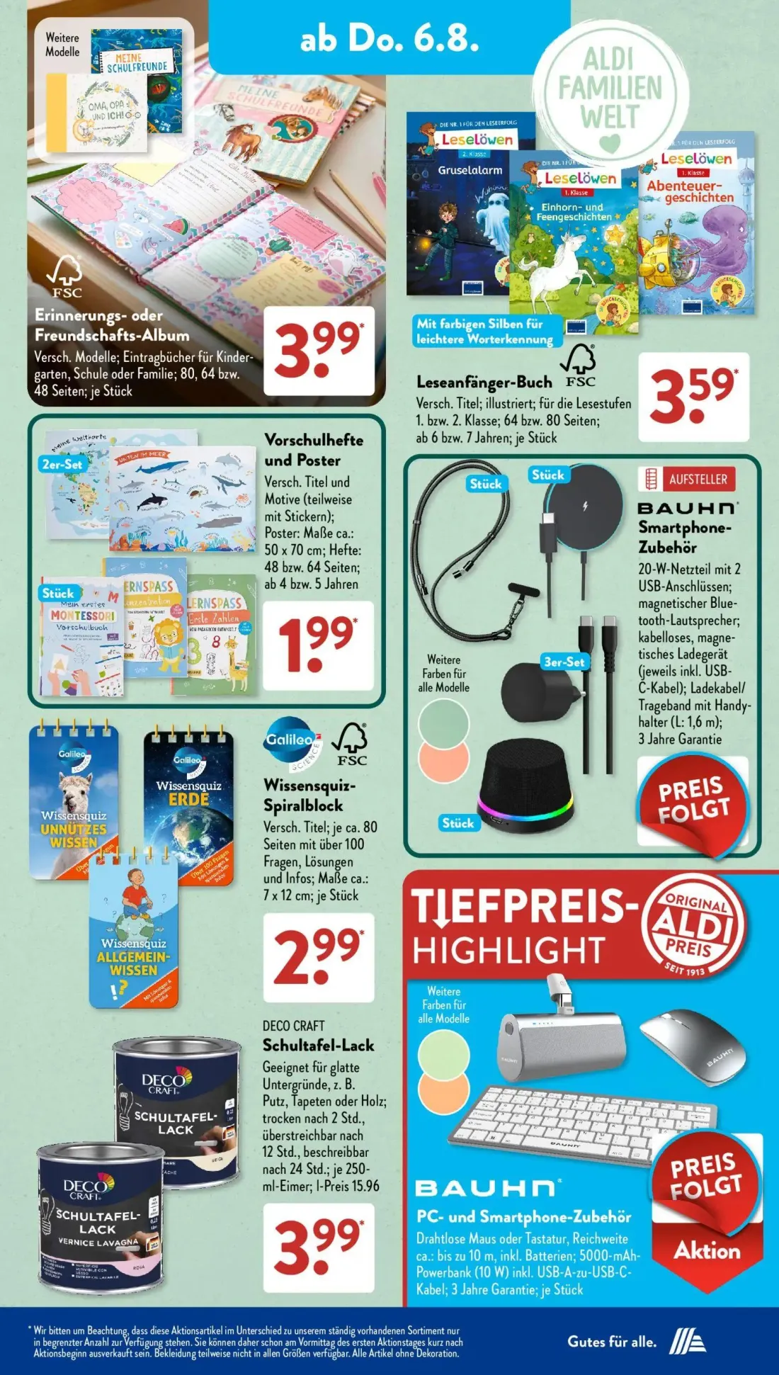 Aldi Süd Prospekt, Seite 7 von 24 — Erinnerungs- oder Freundschafts-Album, Leseanfänger-Buch, Vorschulhefte und Poster