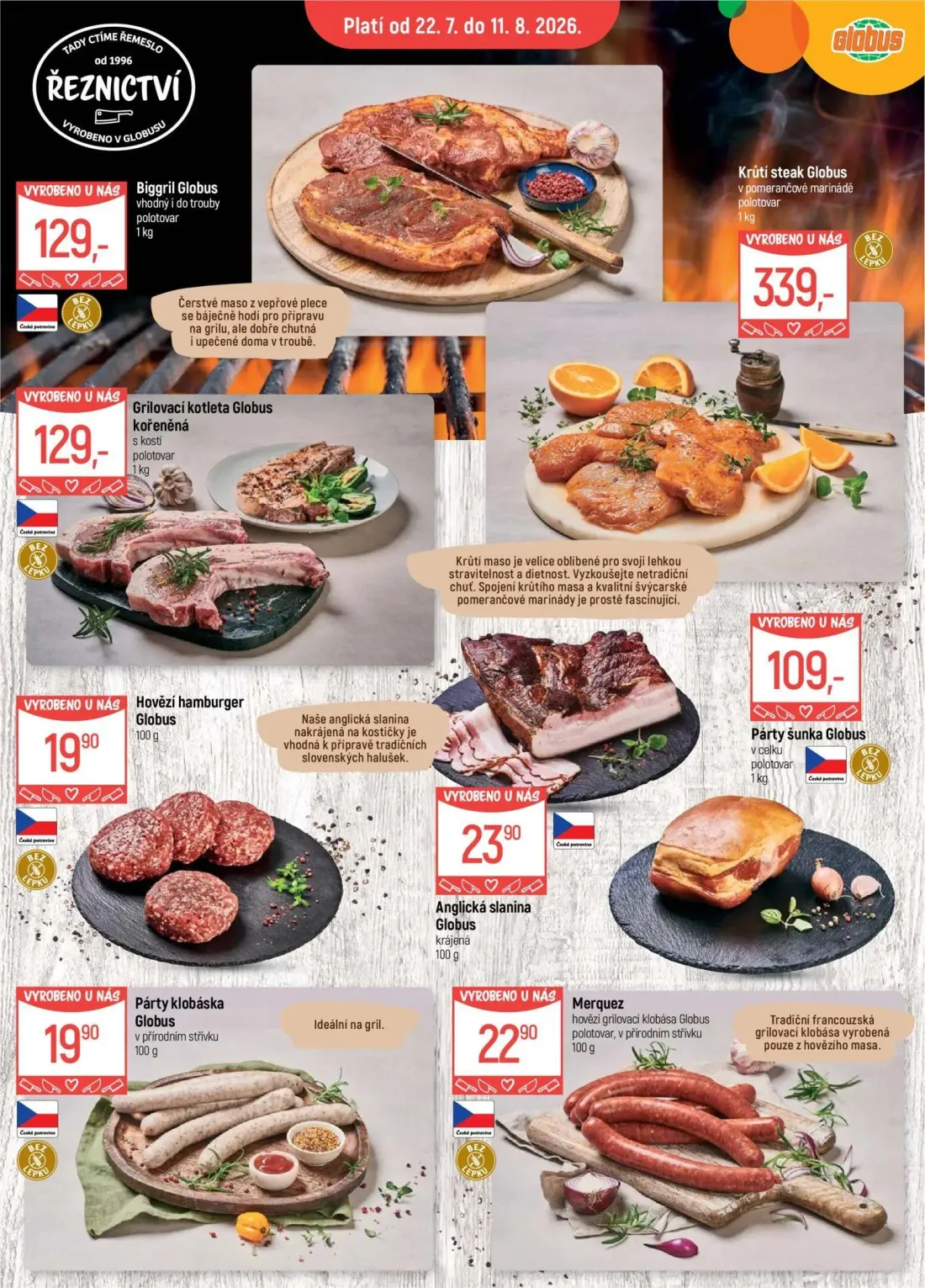GLOBUS leták, strana 6 z 45 — Anglická slanina Globus, Párty šunka Globus, Biggril Globus