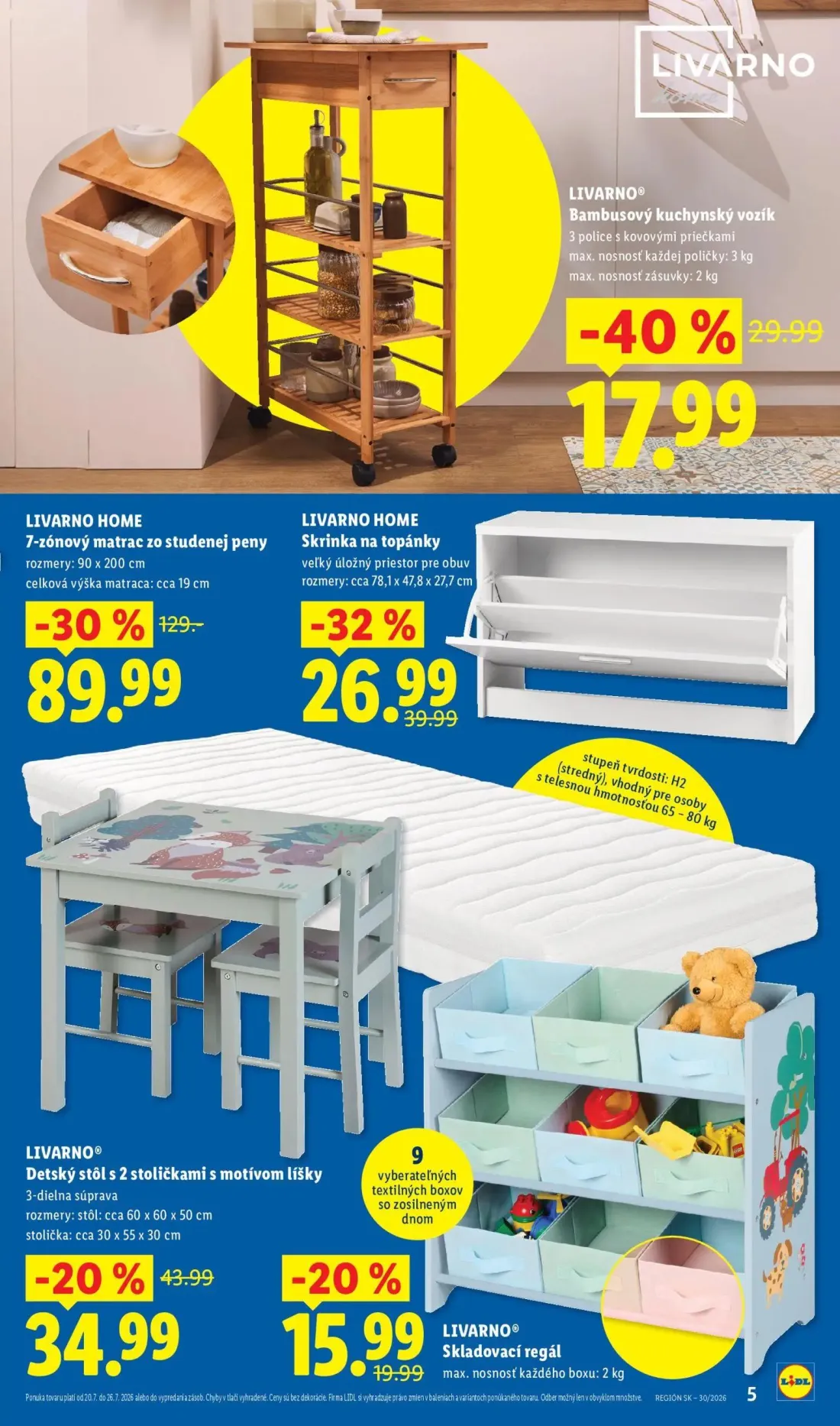 Lidl leták, strana 5 z 8 — 7-zónový matrac zo studenej peny, Skrinka na topánky, Bambusový kuchynský vozík