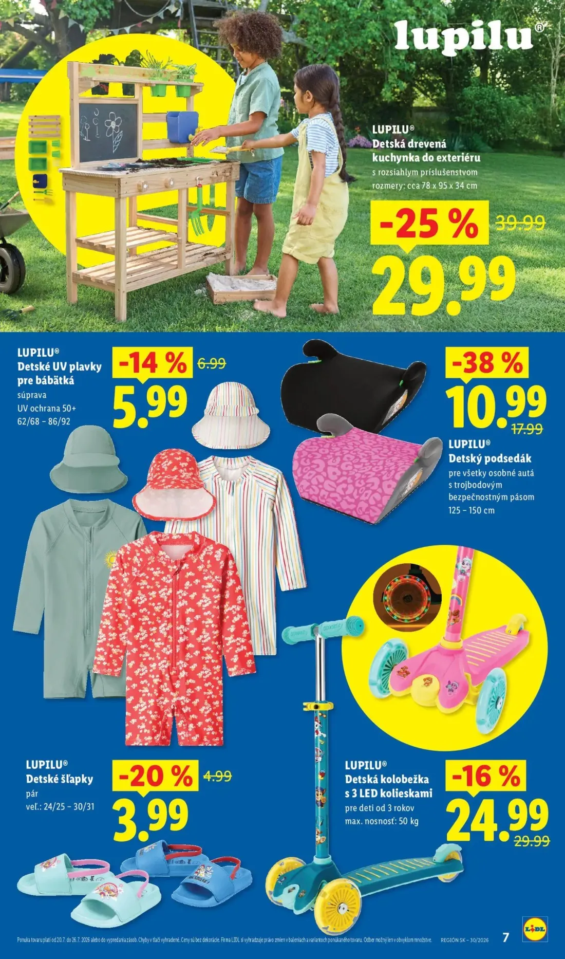 Lidl leták, strana 7 z 8 — Detská drevená kuchynka do exteriéru, Detský podsedák, Detská kolobežka s 3 LED kolieskami