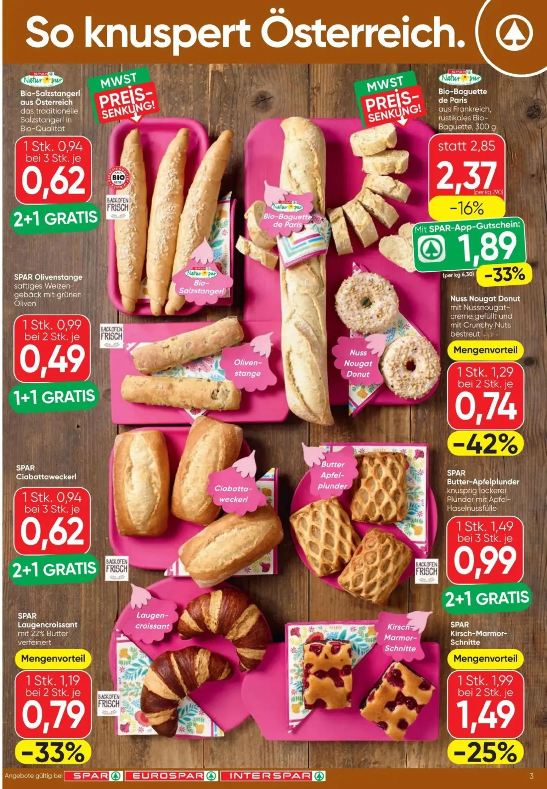 Spar Prospekt, Seite 3 von 16 — Bio-Baguette de Paris, Nuss Nougat Donut, SPAR Olivenstange