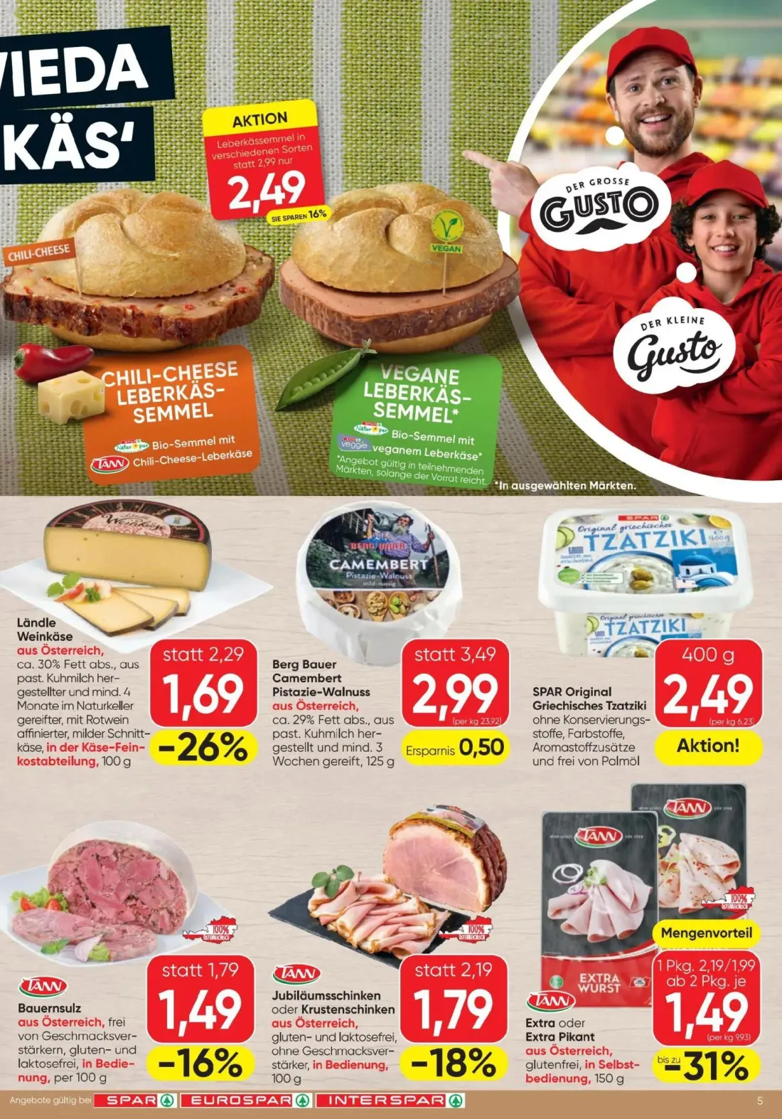 Spar Prospekt, Seite 5 von 16 — Extra oder Extra Pikant, Ländle Weinkäse, Chili-Cheese Leberkäs-Semmel