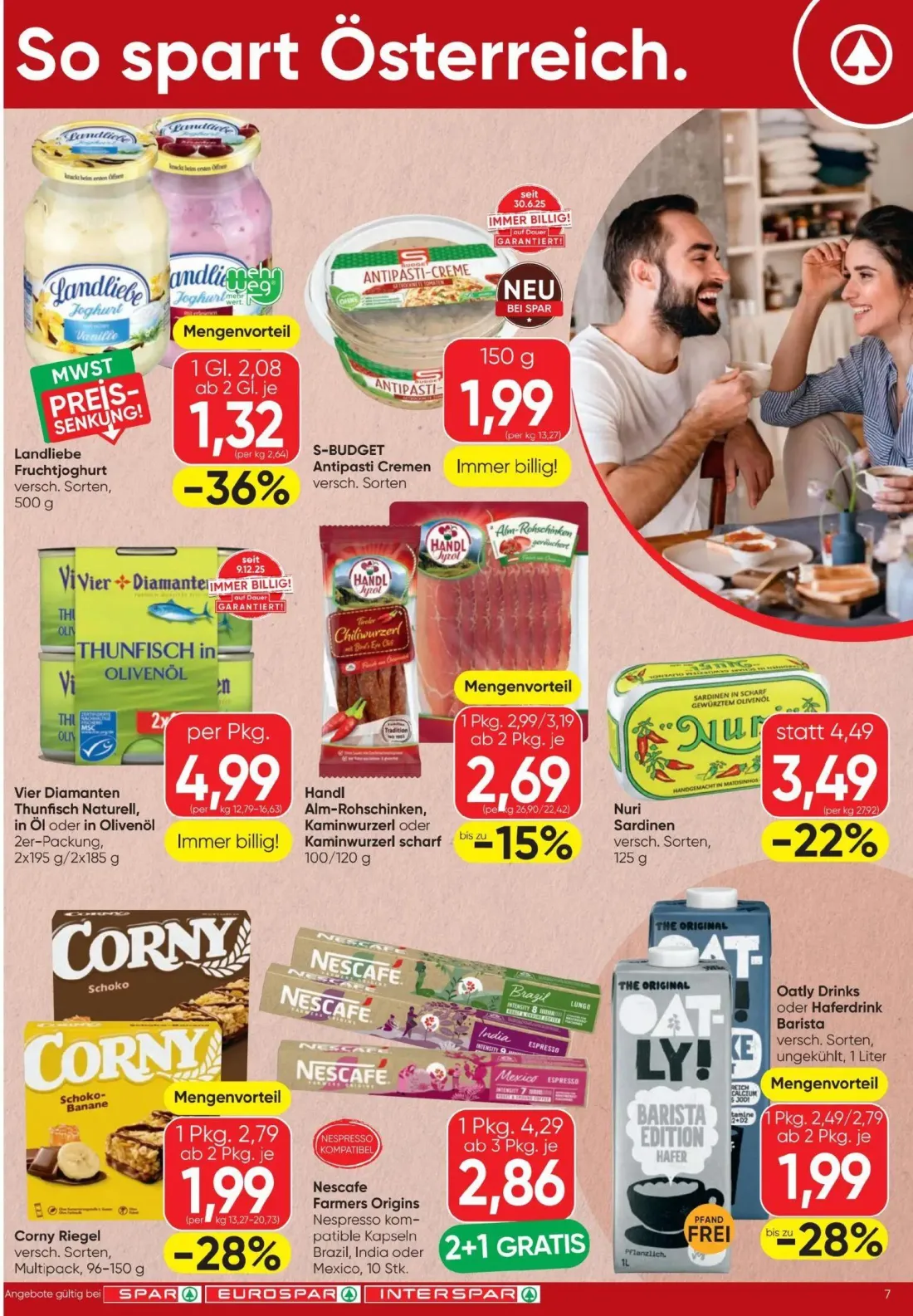 Spar Prospekt, Seite 7 von 16 — Nescafe Farmers Origins, Nuri Sardinen, Corny Riegel