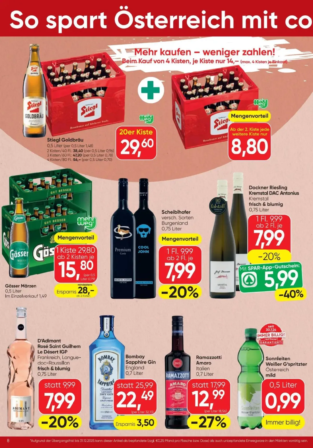 Spar Prospekt, Seite 8 von 16 — Gösser Märzen, Ramazzotti Amaro, Dockner Riesling Kremstal DAC Antonius