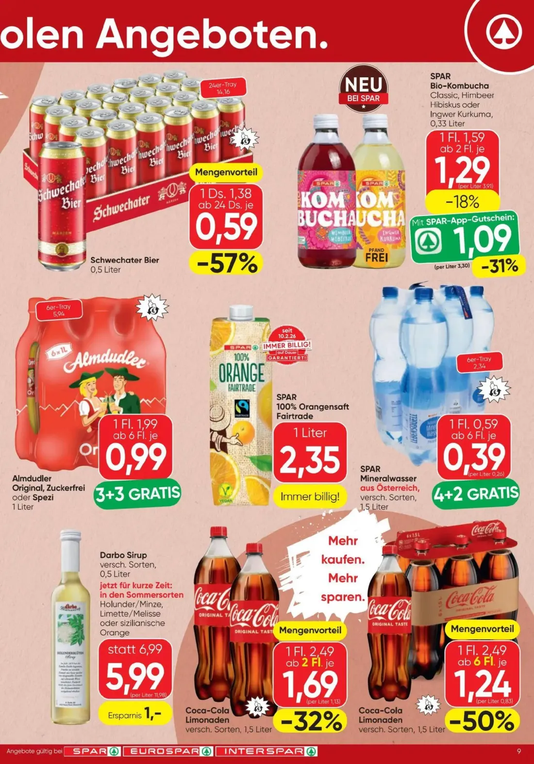 Spar Prospekt, Seite 9 von 16 — Coca-Cola Limonaden versch. Sorten, Almdudler Original, Zuckerfrei oder Spezi, Darbo Sirup v…