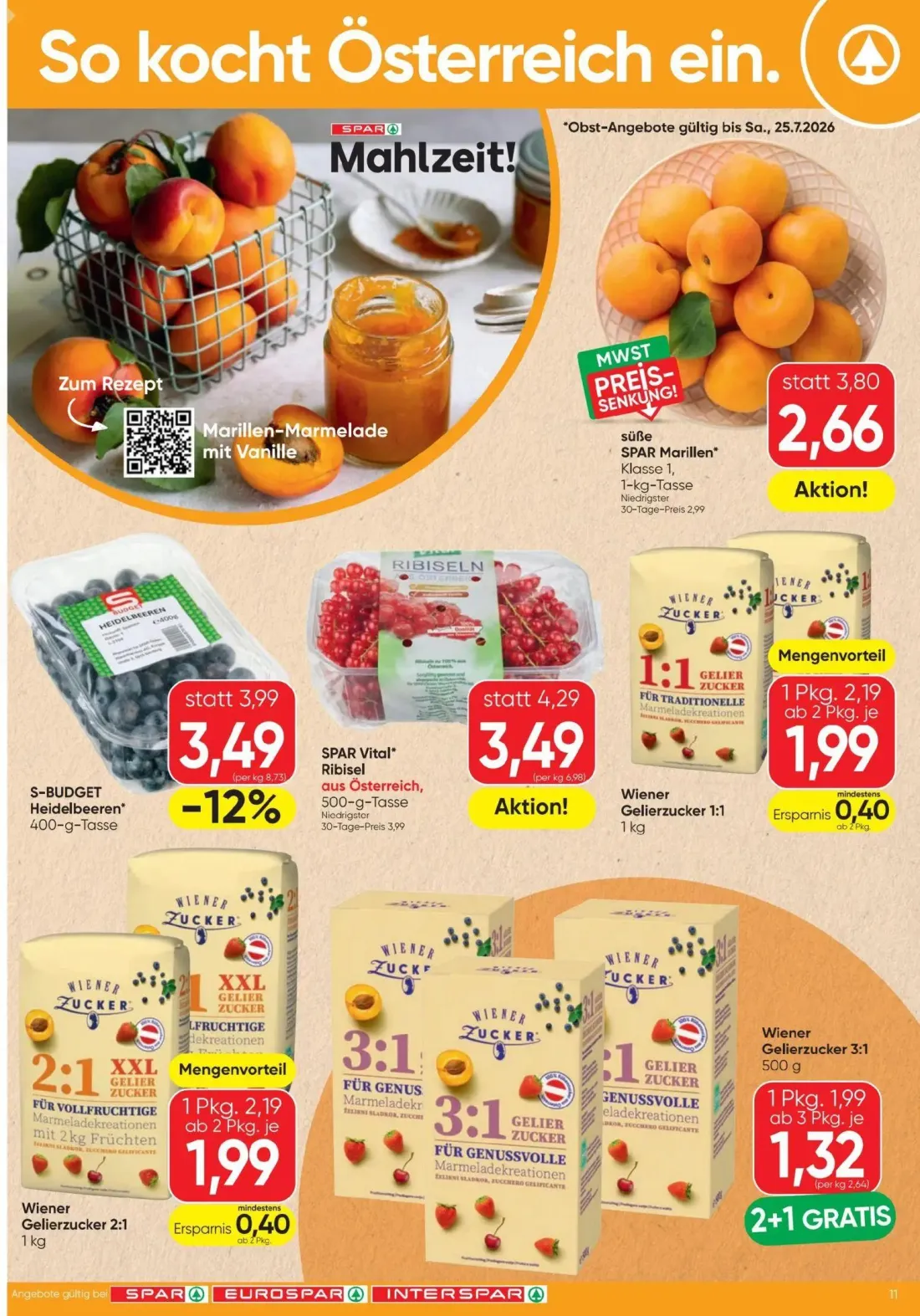 Spar Prospekt, Seite 11 von 16 — SPAR Marillen, SPAR Vital Ribisel, Wiener Gelierzucker 3:1