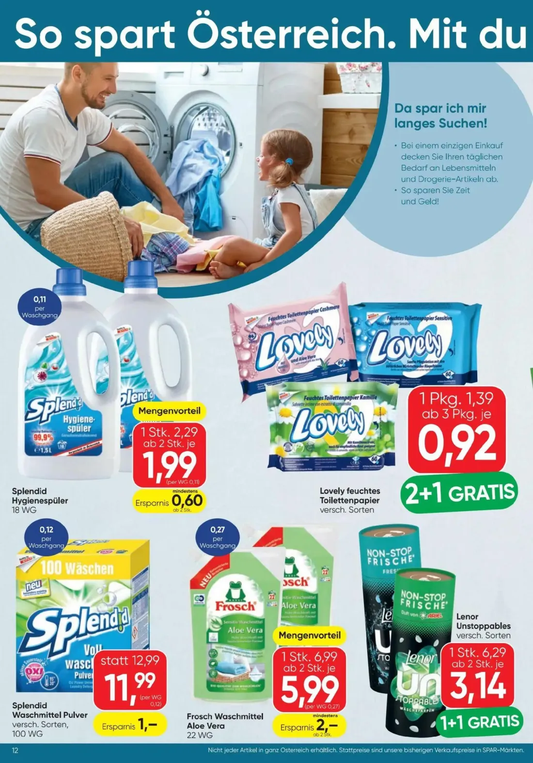 Spar Prospekt, Seite 12 von 16 — Lenor Unstoppables, Splendid Waschmittel Pulver, Frosch Waschmittel Aloe Vera