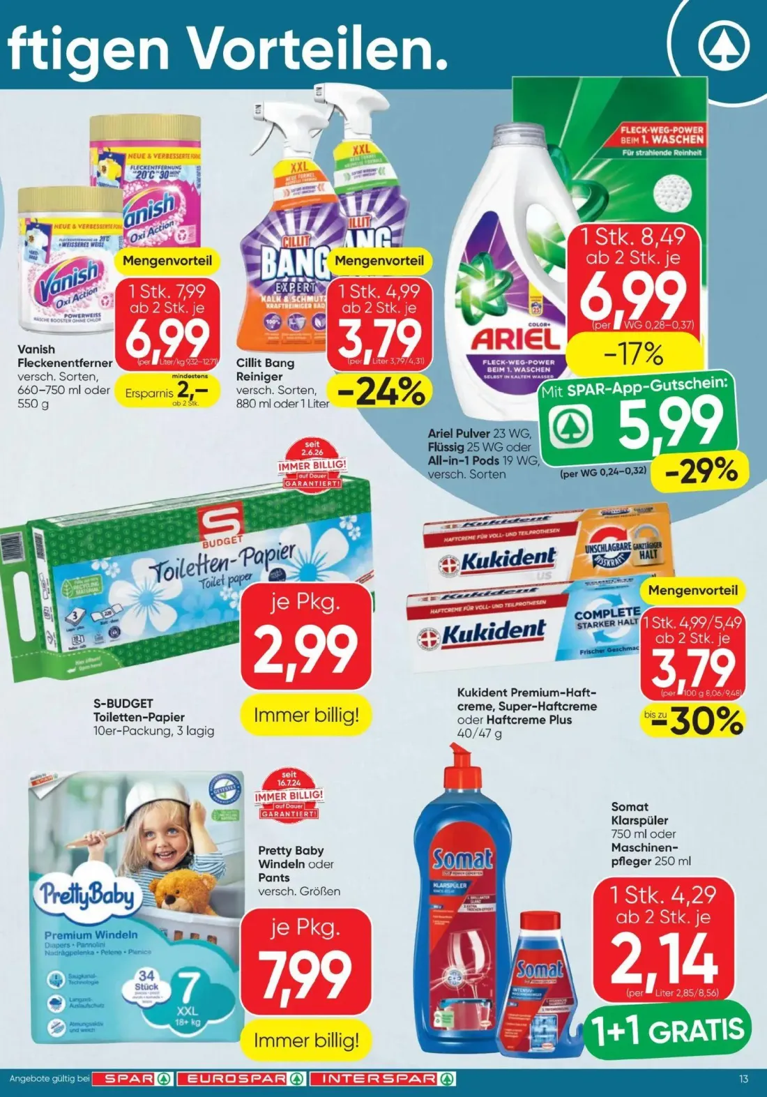 Spar Prospekt, Seite 13 von 16 — Ariel Pulver 23 WG, Flüssig 25 WG oder All-in-1 Pods 19 WG, Somat Klarspüler, Cillit Bang R…