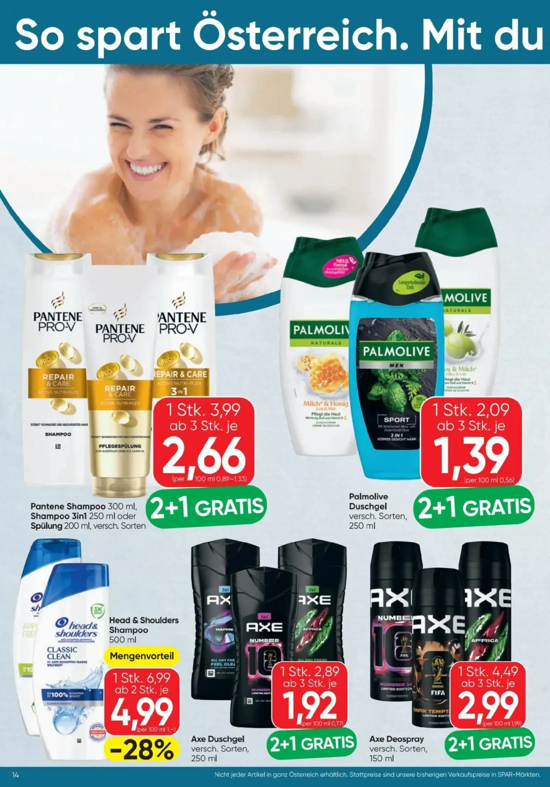Spar Prospekt, Seite 14 von 16 — Head & Shoulders Shampoo, Axe Deospray, Pantene Shampoo