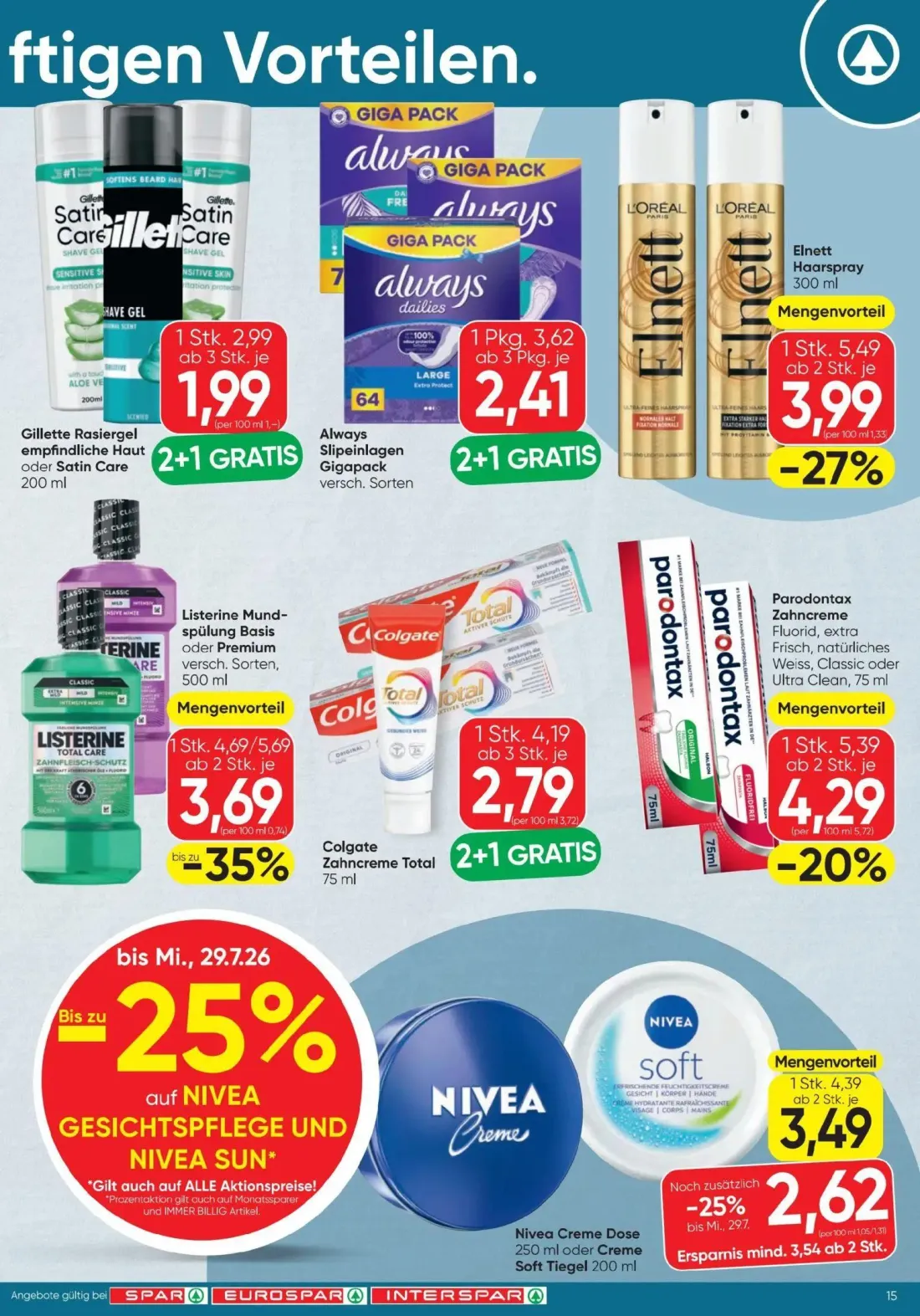 Spar Prospekt, Seite 15 von 16 — Listerine Mundspülung Basis oder Premium, Nivea Creme Dose oder Creme Soft Tiegel, Elnett H…