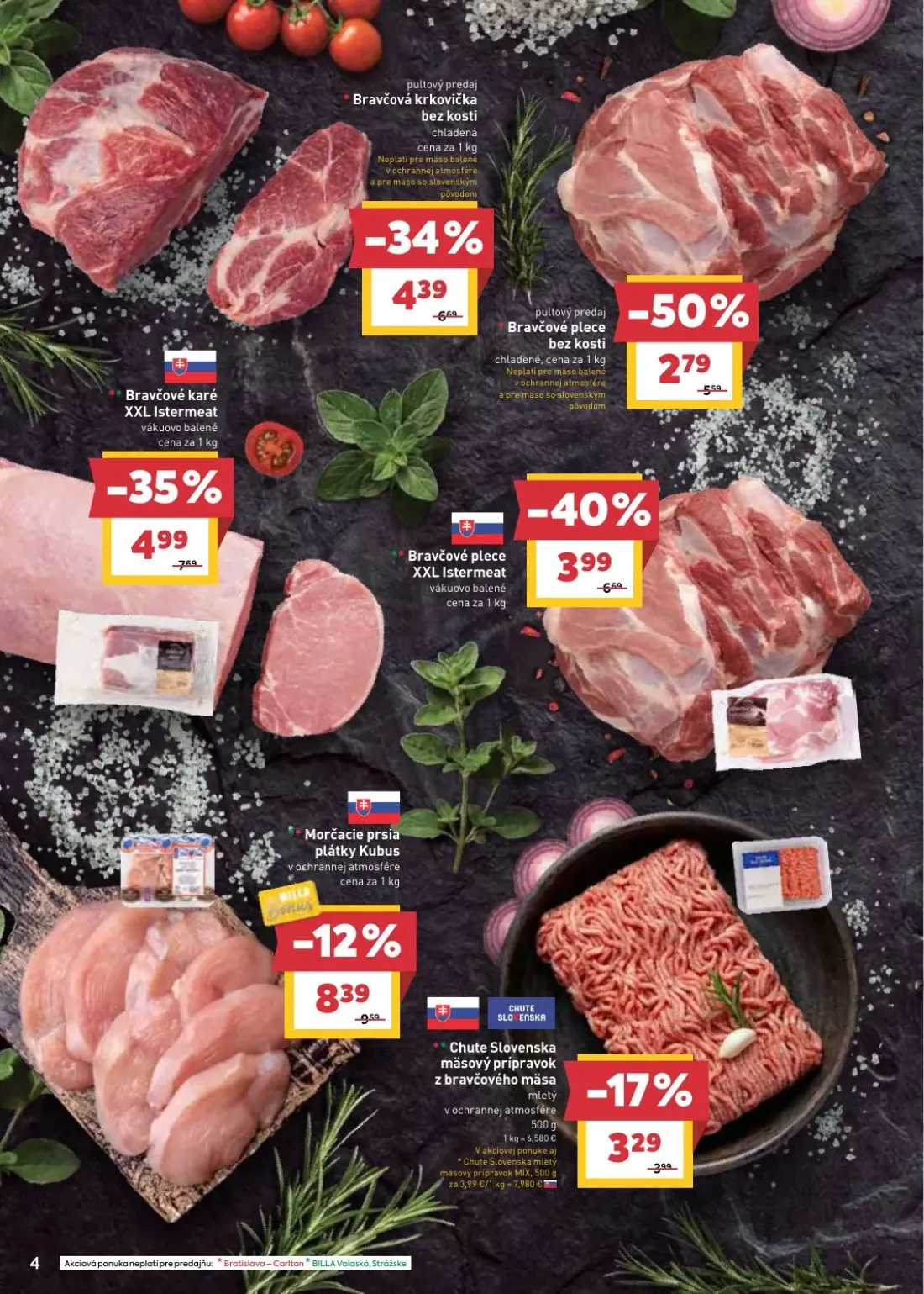 Billa leták, strana 4 z 33 — Bravčové plece bez kosti, Bravčové karé XXL Istermeat, Bravčové plece XXL Istermeat