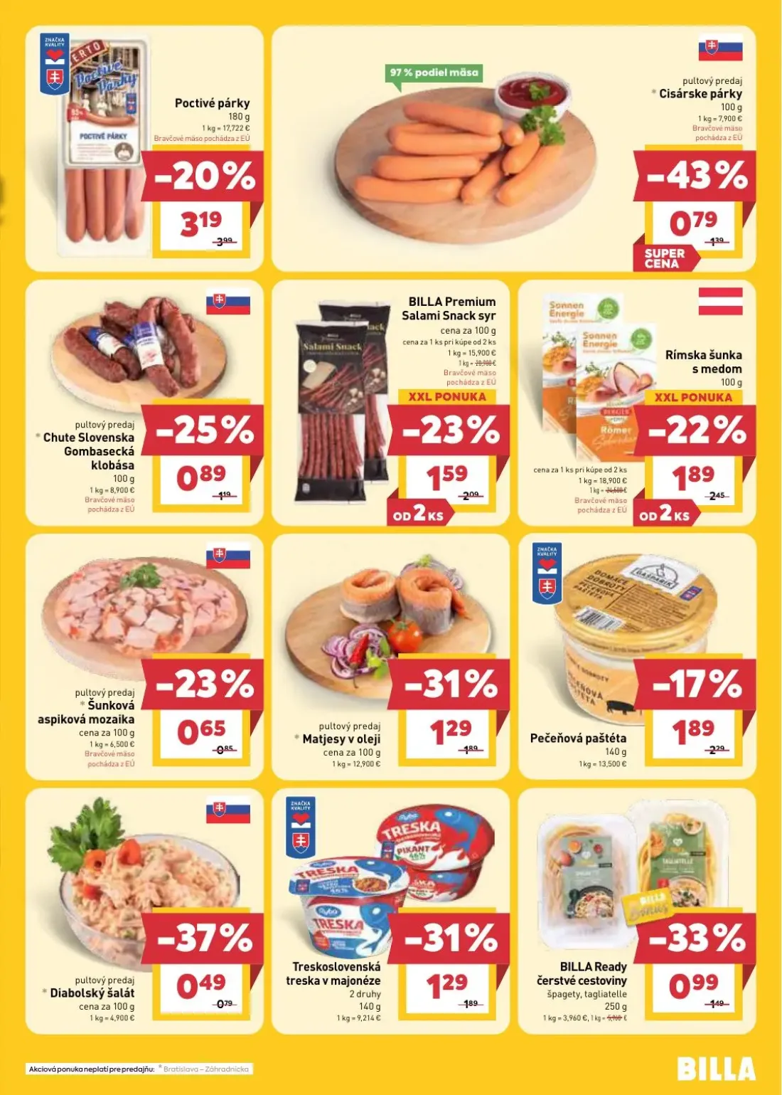 Billa leták, strana 7 z 33 — Poctivé párky, Cisárske párky, Matjesy v oleji