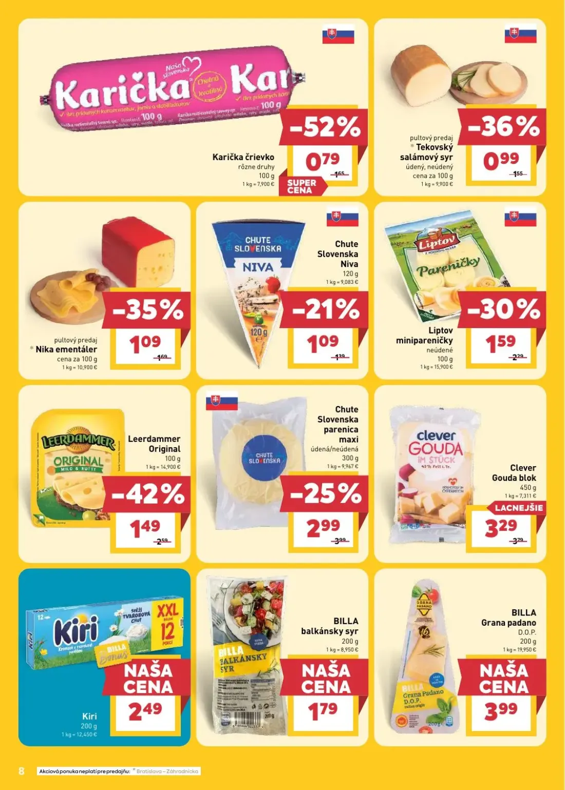Billa leták, strana 8 z 33 — Leerdammer Original, Chute Slovenska parenica maxi, Karička črievko