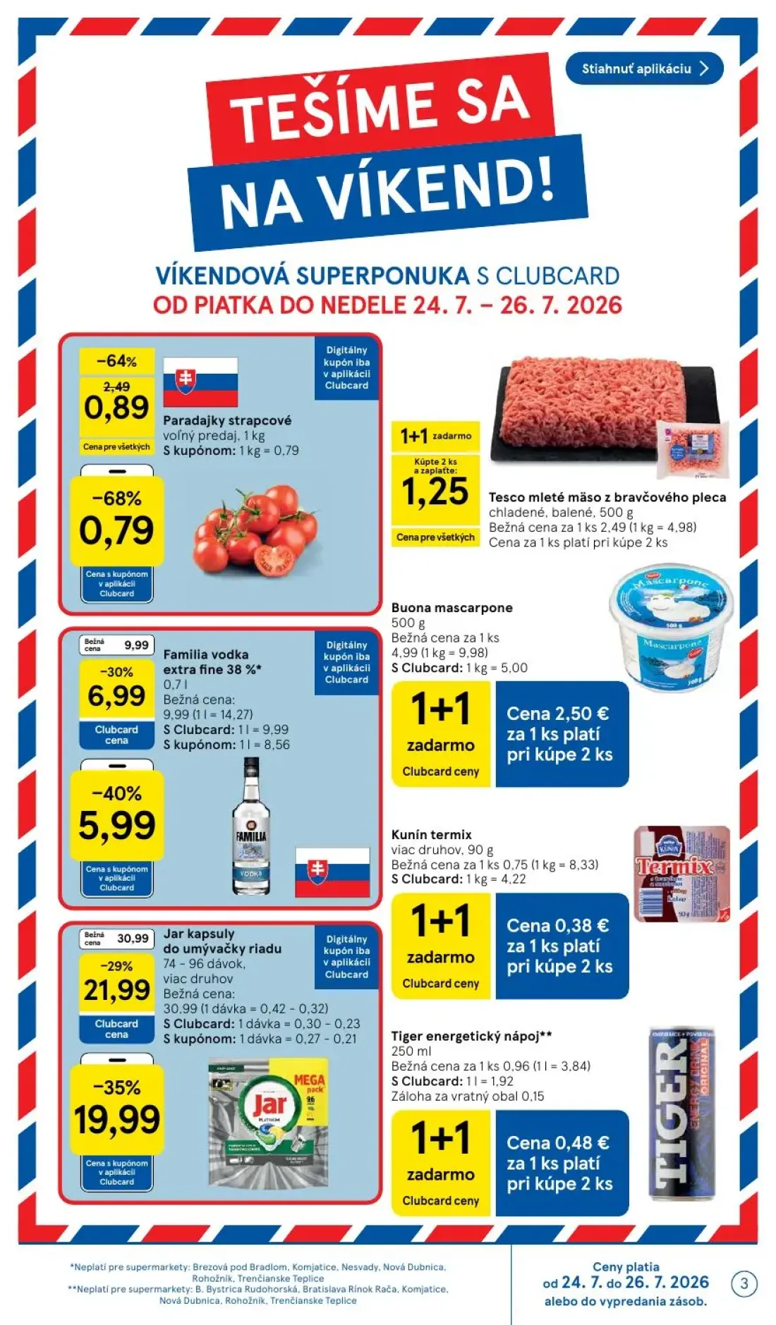 Tesco Supermarket leták, strana 3 z 30 — Jar kapsuly do umývačky riadu viac druhov, Familia vodka extra fine 38%, Buona masc…