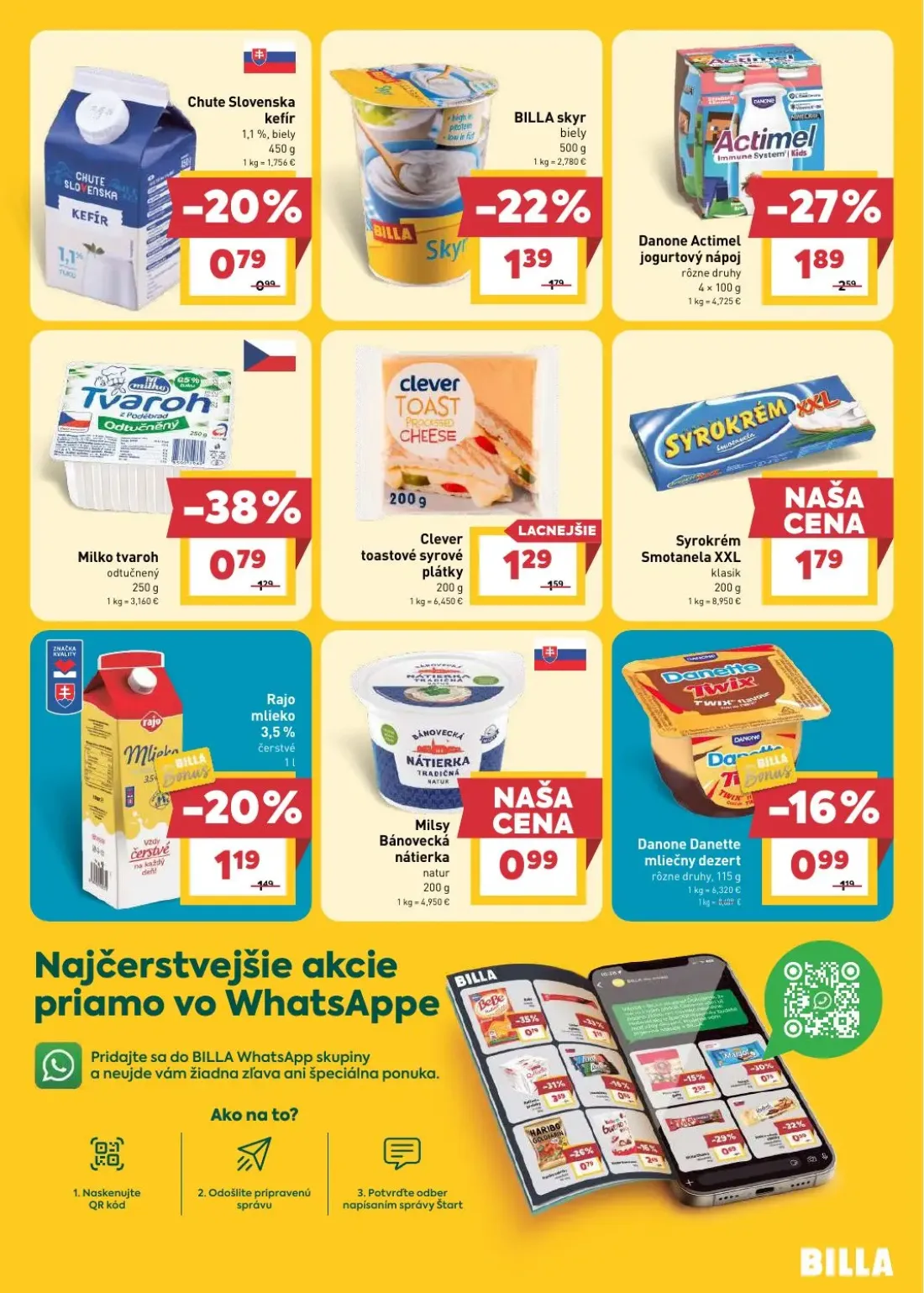 Billa leták, strana 9 z 33 — Danone Actimel jogurtový nápoj, Milko tvaroh odtučnený, BILLA skyr