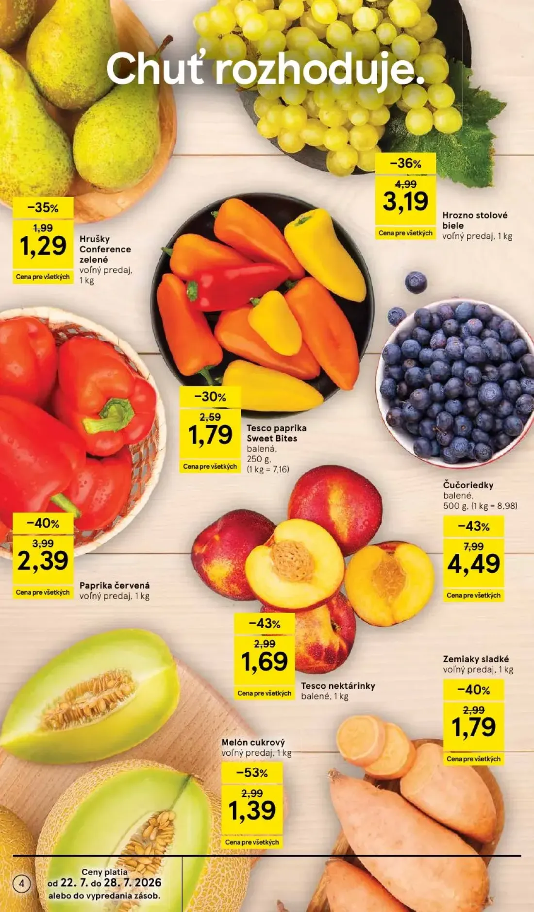Tesco Supermarket leták, strana 4 z 30 — Čučoriedky balené, Hrozno stolové biele, Paprika červená