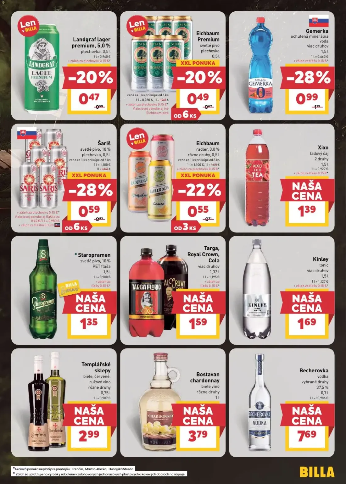 Billa leták, strana 13 z 33 — Gemerka ochutená minerálna voda, Šariš svetlé pivo, 10%, Eichbaum radler, 0,0%
