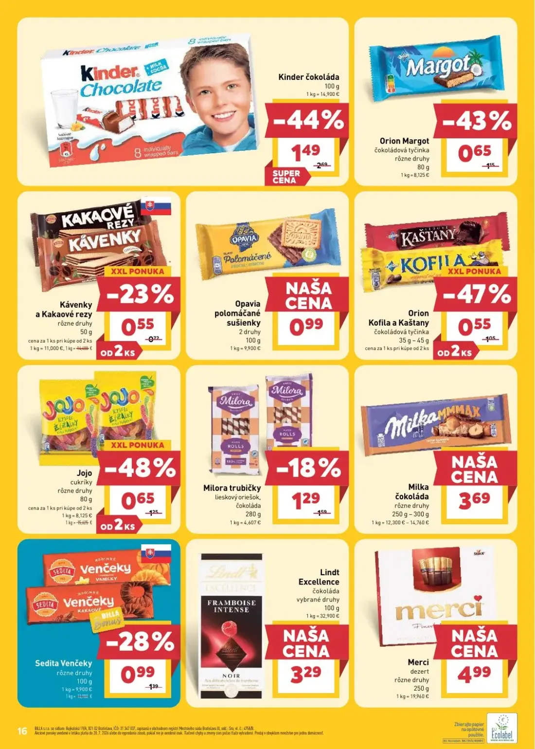 Billa leták, strana 16 z 33 — Kinder čokoláda, Jojo cukríky, Orion Margot