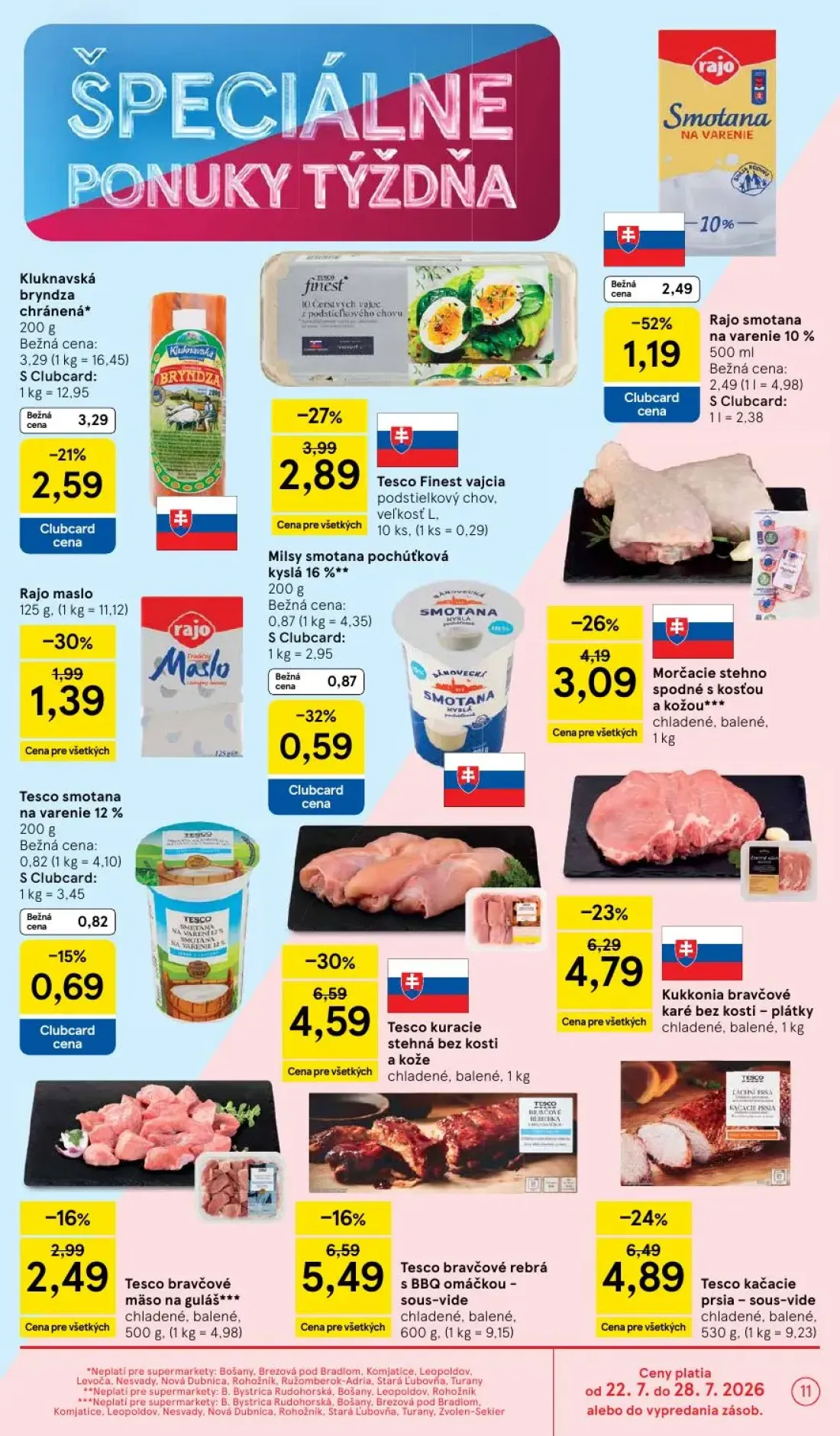 Tesco Supermarket leták, strana 11 z 30 — Tesco kuracie stehná bez kosti a kože, Tesco kačacie prsia sous-vide, Kukkonia bra…