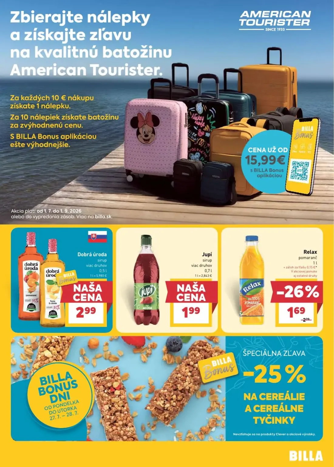 Billa leták, strana 17 z 33 — Relax pomaranč, American Tourister, Dobrá úroda sirup