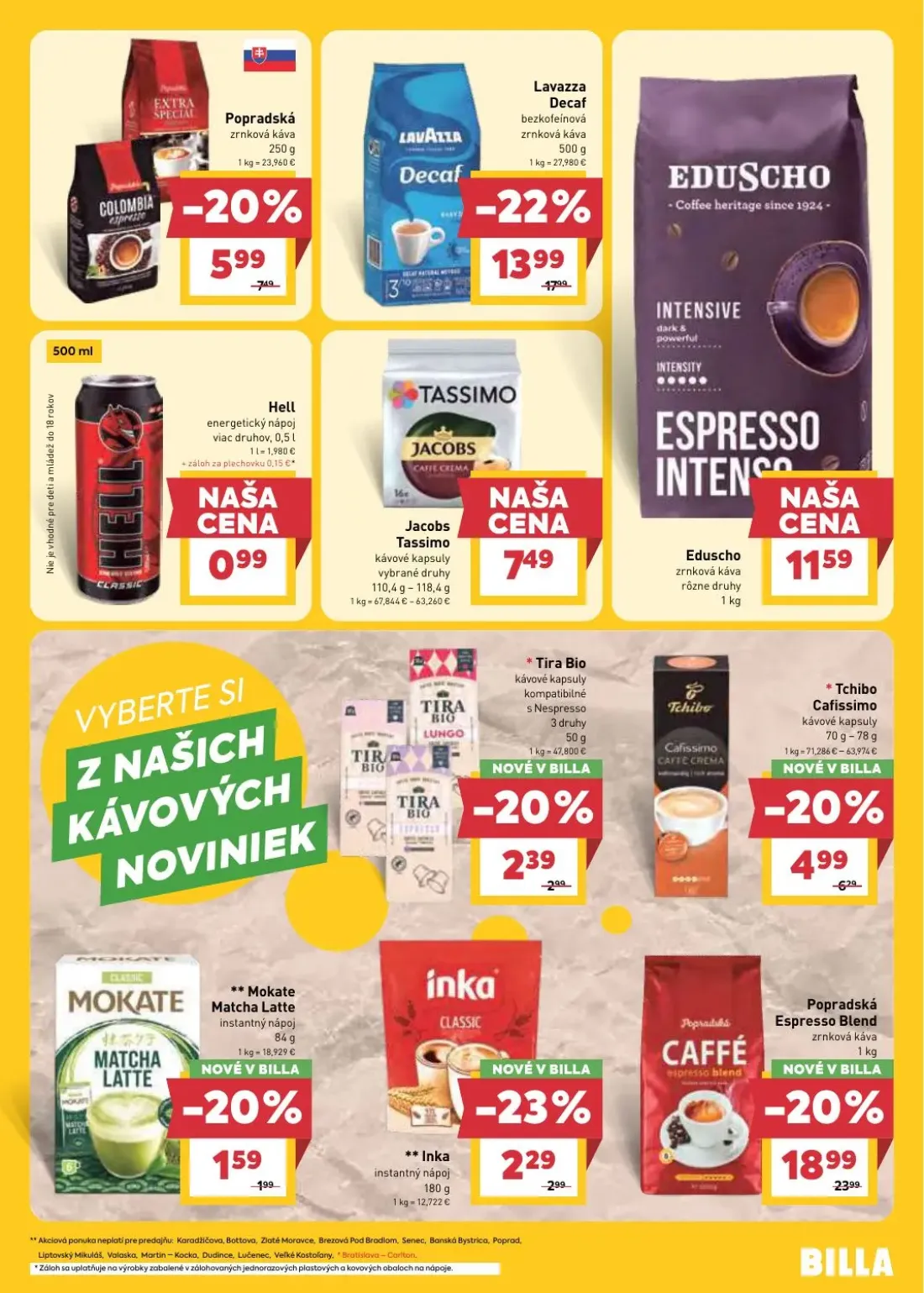Billa leták, strana 19 z 33 — Popradská Espresso Blend zrnková káva, Lavazza Decaf bezkofeínová zrnková káva, Popradská zrnk…